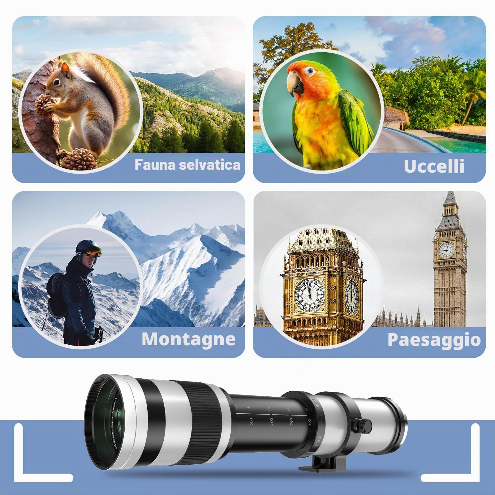 Super teleobiettivo 420 – 800 mm f/8.3 per Canon EF/EF-S – Obiettivo zoom manuale full frame per EOS 5D, 90D, 80D, 7D e serie Rebel Bianco