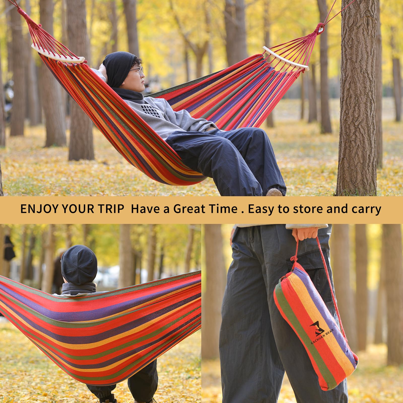 Hamaca, hamaca de lona de algodón, hamaca portátil para acampar con bolsa de transporte, dos cuerdas de mosquetón de metal antivuelco y correas de árbol, ideal para interiores, patio, camping,