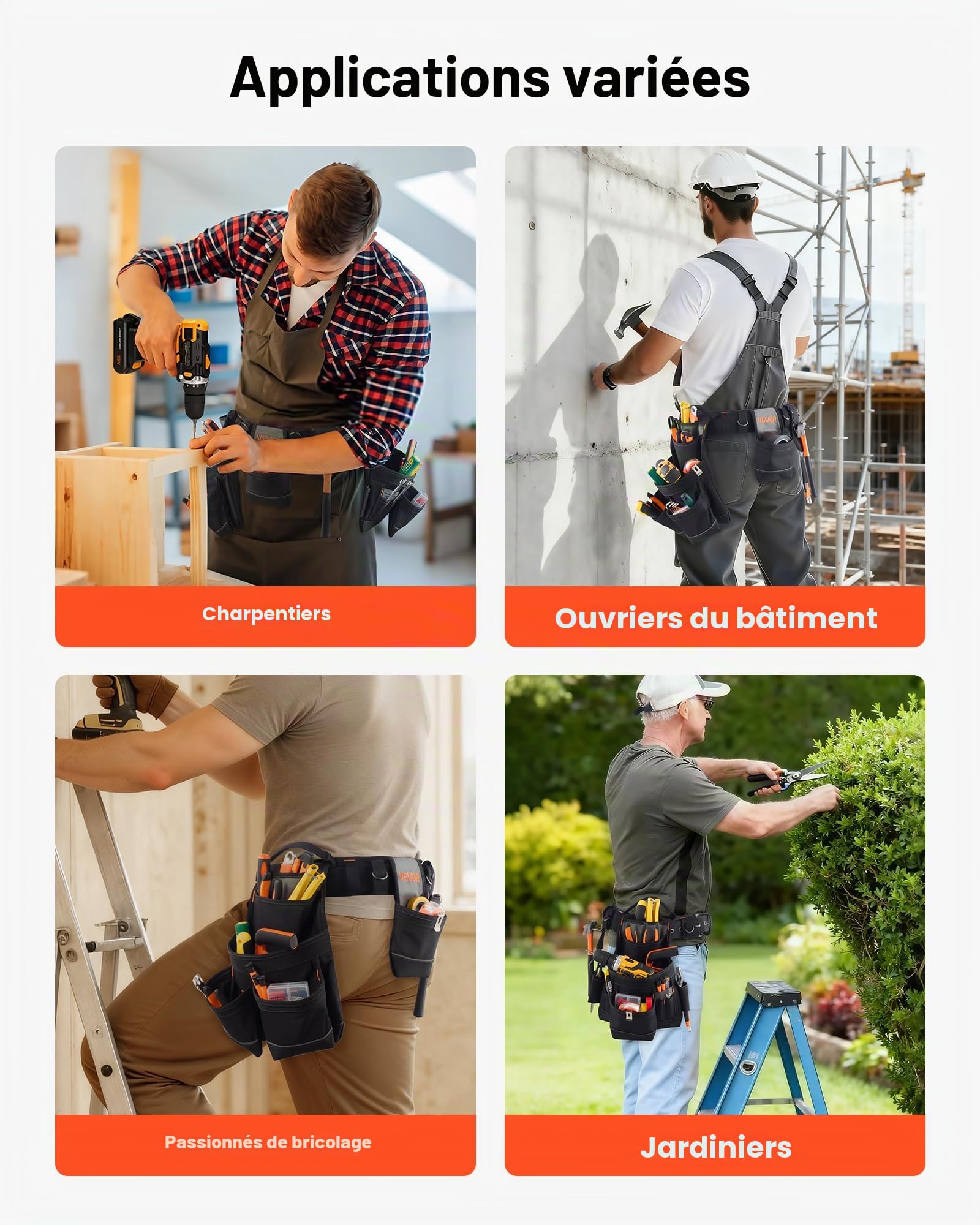 VEVOR Ceinture Porte Outil 18 Poches Ceinture à Outils Tour de Taille Ajustable 80-131 cm Sacoche Charpentier Amovible et Réglable Sac à Outils pour Électricien Construction Homme Chantier Bricolage