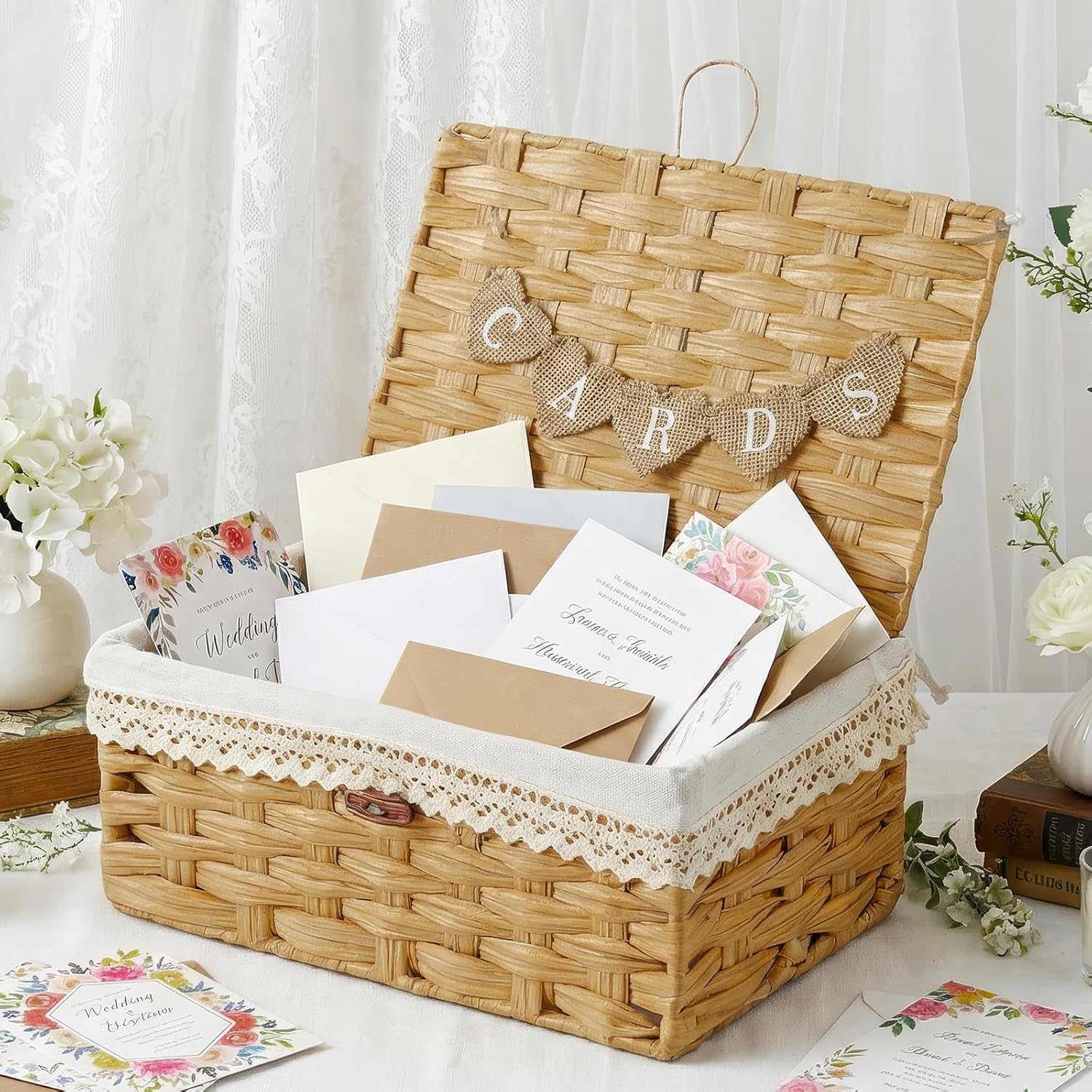 AerWo Rattan Wedding Card Box, Card Basket with Letter Flag for Wedding Decorations, Woven Wedding Basket Wedding Card Boxes for Reception, Wicker Card Box for Wedding Party Graduation Birthday Decor