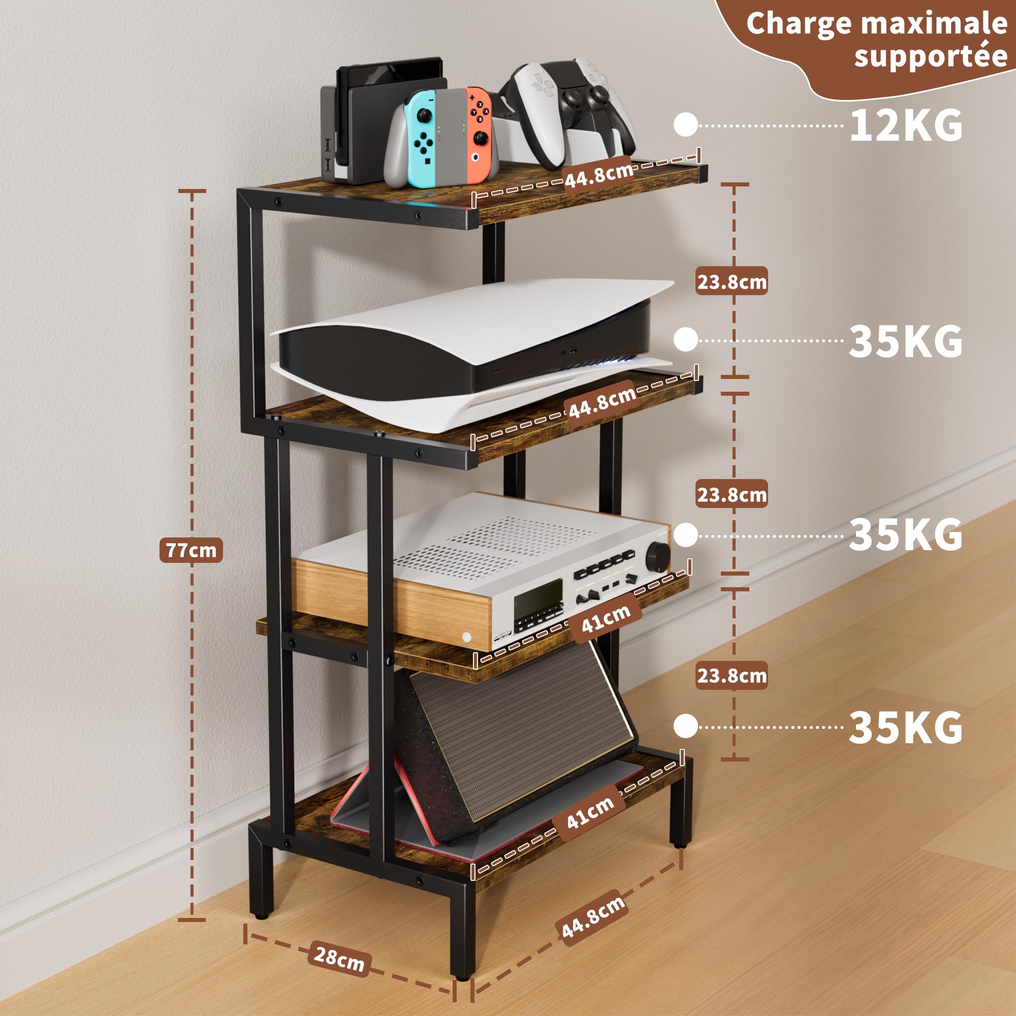 Aquzee Meuble HiFi Bois, Meuble Jeux Vidéo, Petite Table, Table d Appoint Canapé à 4 Etagères, Petits Espaces Étagère de Rangement pour Équipement Audio, 28P x 45L x 77H cm