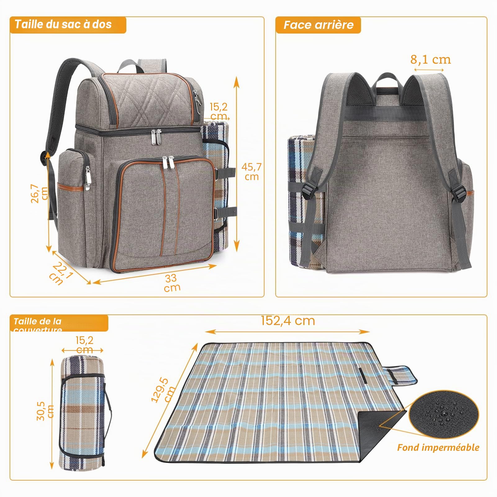Sac à dos de pique-nique pour 4 personnes, panier de pique-nique, sac de pique-nique étanche avec pochette isotherme pour vin, couverture de pique-nique, sac à dos de pique-nique à double étage pour