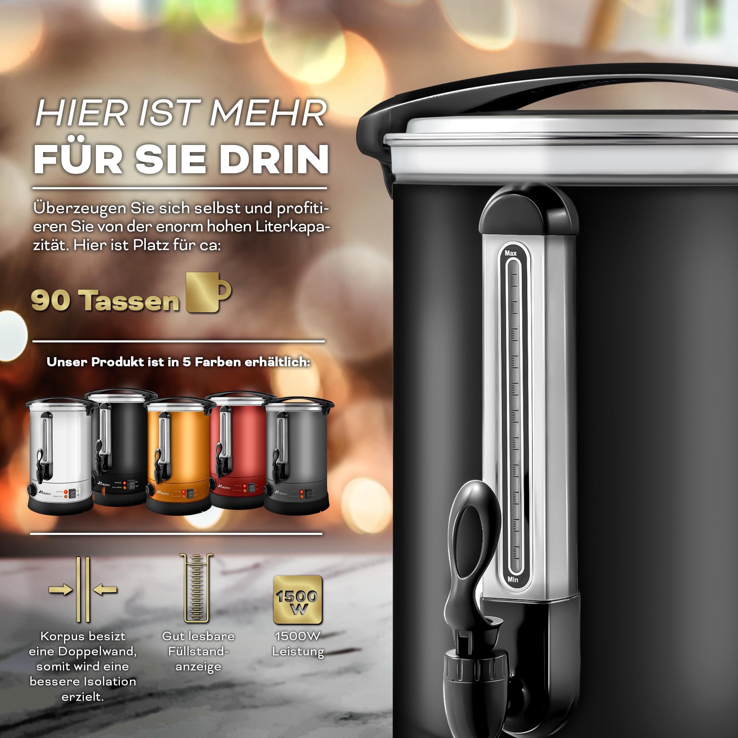 TRESKO® Bollitore per Vin Brulè 30L / 2500W Automatica da Cucina in Acciaio Inox Bollitore Vin Brulè Dispenser di Bevande Calde Distributore di Acqua Calda