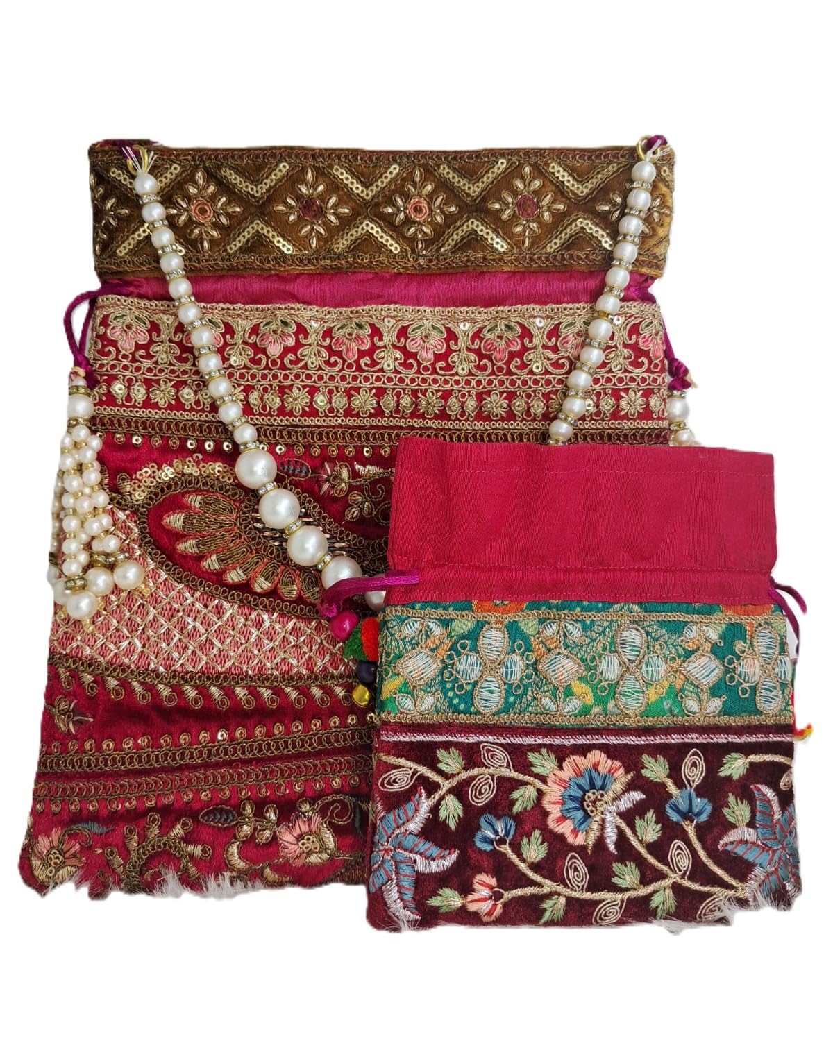 Embroidered handBag for Women with Pearl Handle, Wedding Gift Purse, Trendy Fashion pack of 2 (Mini, & large)-image-0