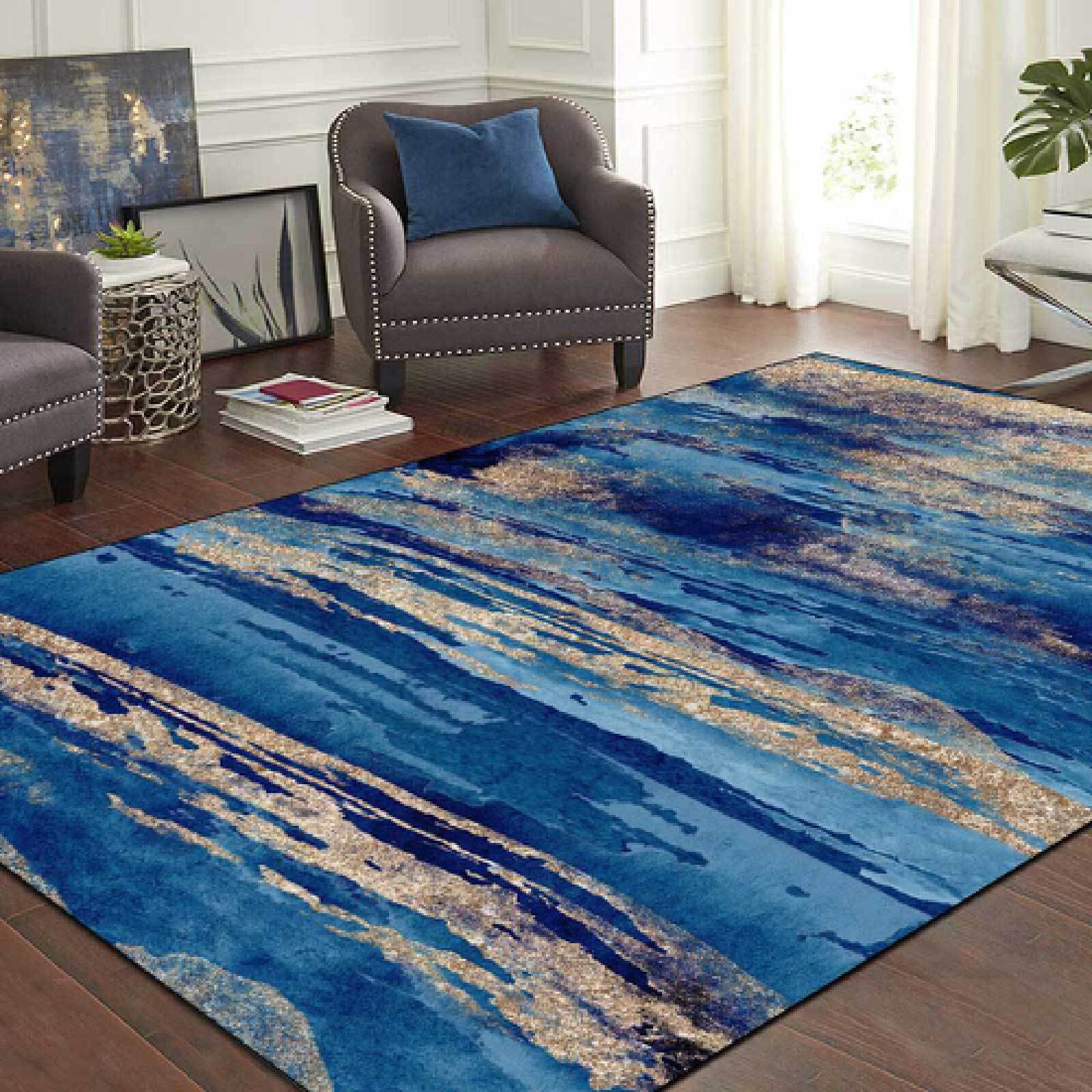 Tapis de petite surface aquarelle bleu et doré 80 cm pour entrée de maison