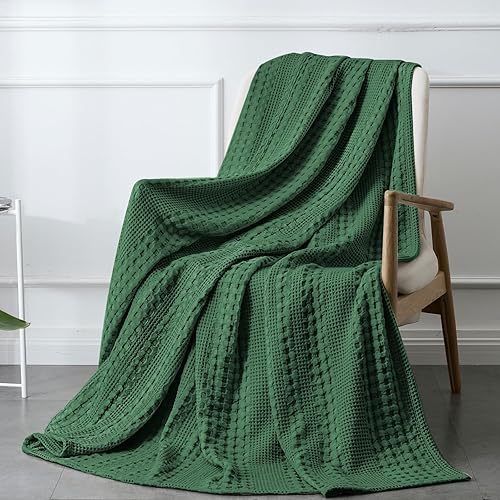 PHF Manta 100% algodón de punto gofre, manta ligera de algodón lavado para primavera y verano, 50 x 60 pulgadas, transpirable y agradable al tacto,
