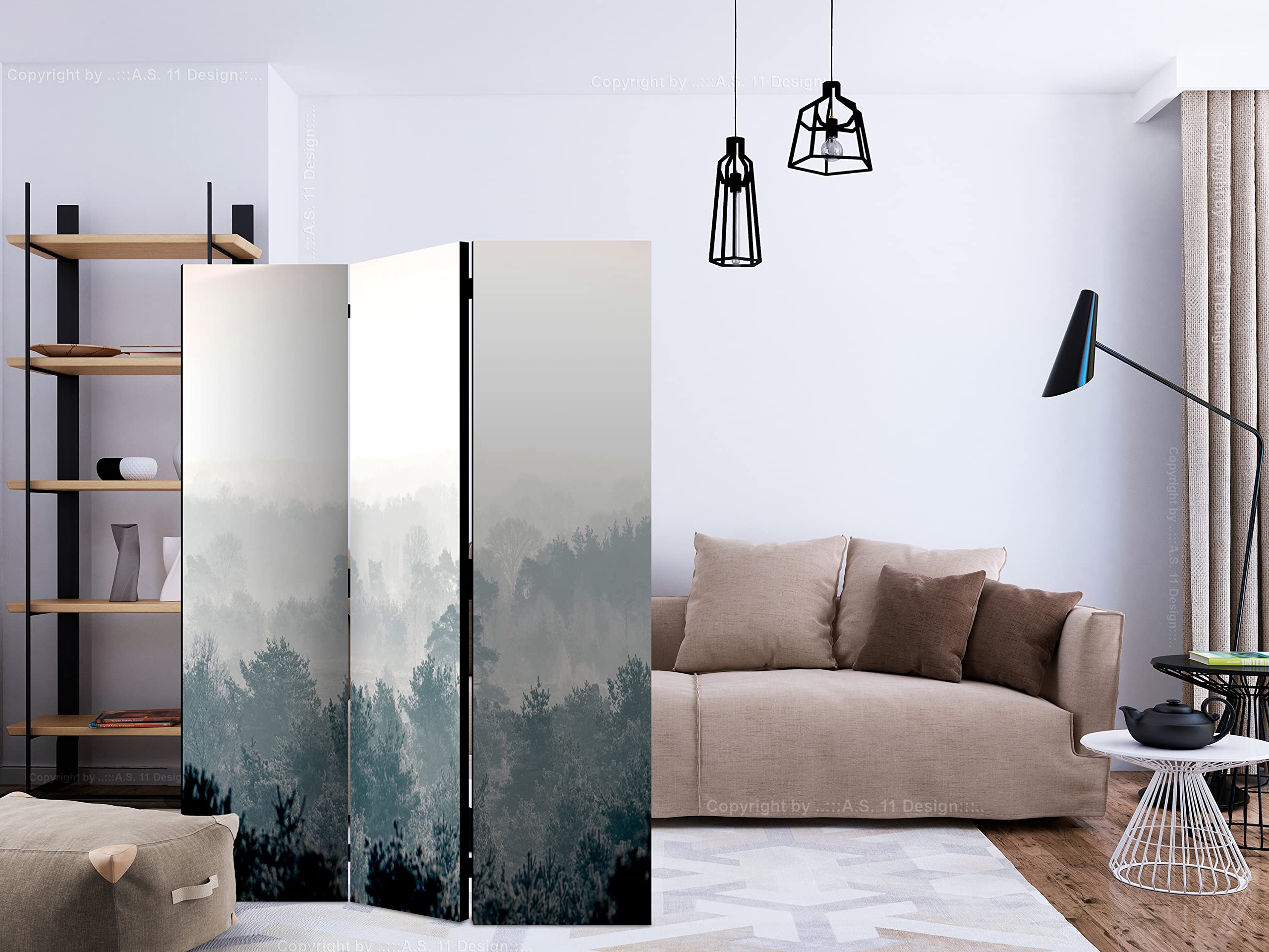 murando - Paravent intérieur unilatéral 135x172 cm - Séparateur de pièce en Bois Naturel avec Toile imprimée d'un côté, pour Chambre à Coucher - Brume matinale Forêt mystérieuse c-C-0242-z-b