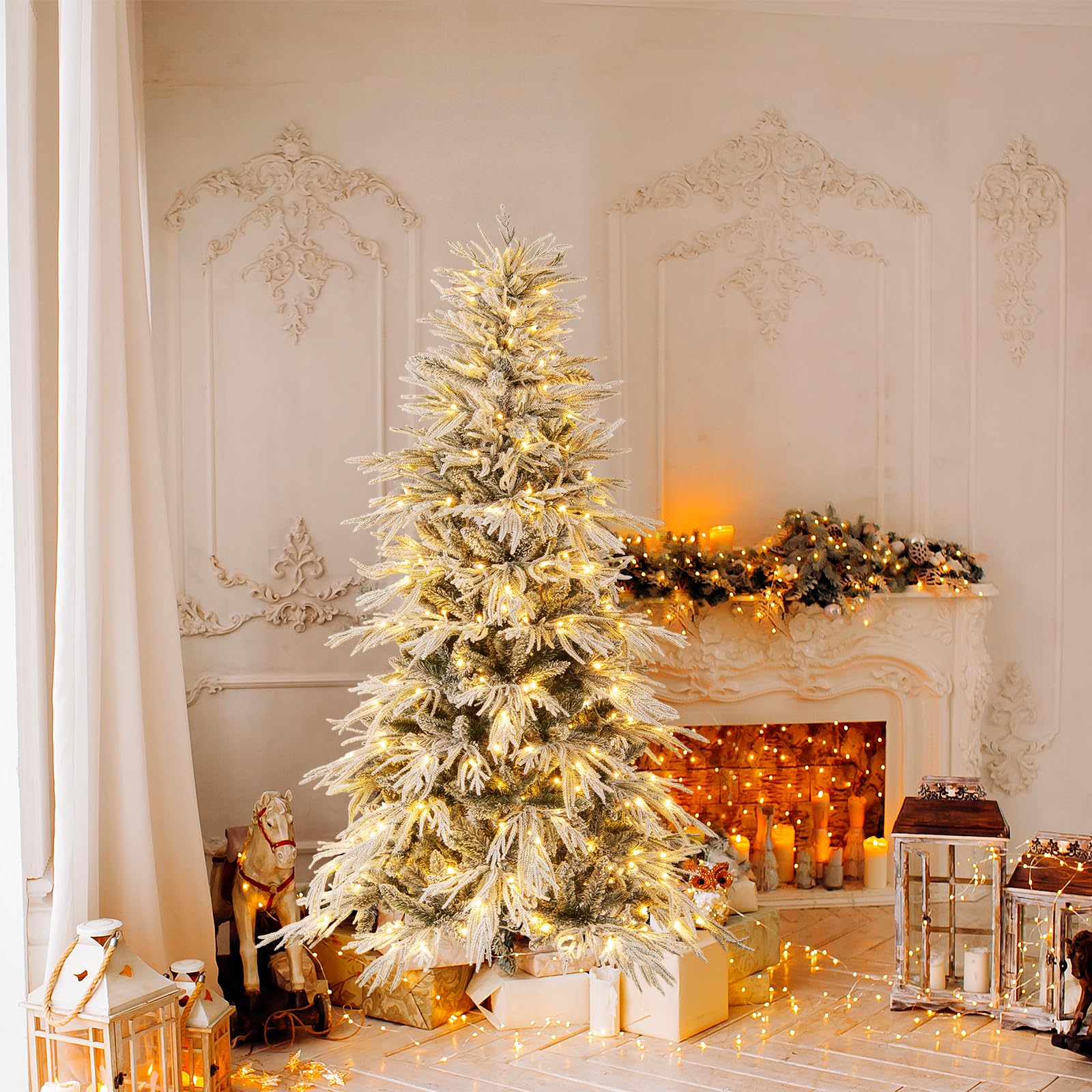 COSTWAY Sapin de Noël Artificiel 180cm avec 594 Branches & 250 Lumières LED Blanc Chaud, Arbre de Noël avec Base en Fer, Décoration pour Maison Bureau Magasins