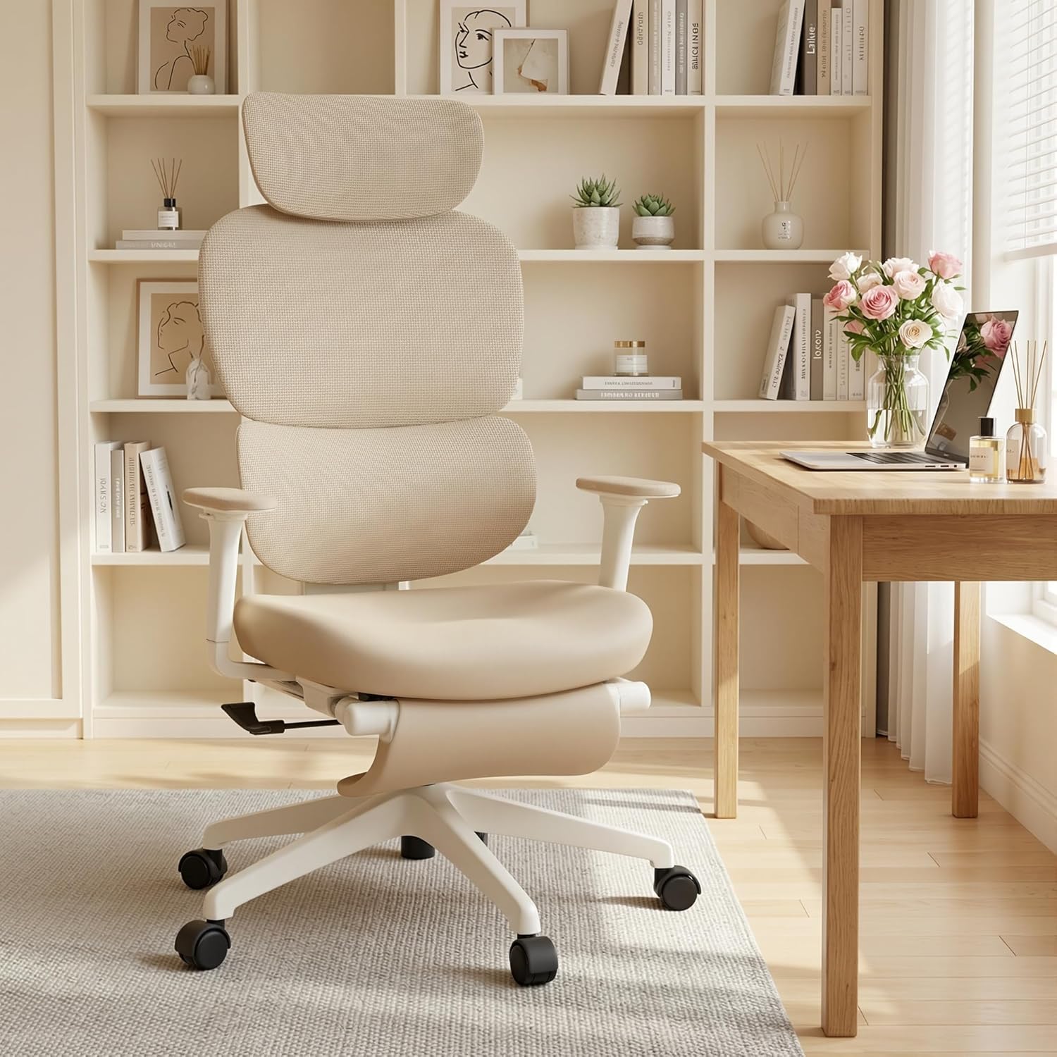 WELAX S3 Ergonomic Mesh Office Chair with Foot Rest & Adjustable Headrest, Lumbar Support Desk Girls Chair Comfy with Wheels, High Back Home Computer Chairs for Gamer or Work, Cream