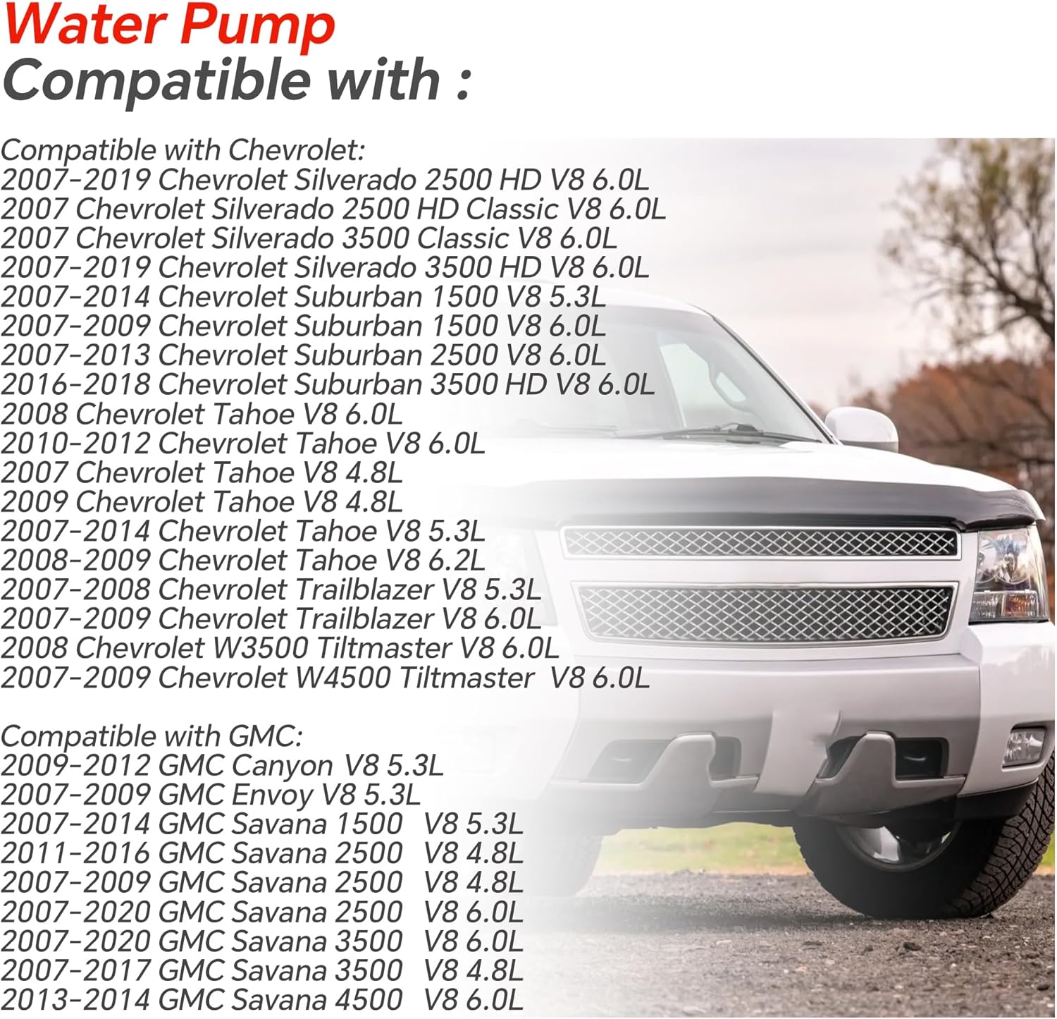 AW6009 Water Pump with Thermostat Compatible with Chevrolet Silverado Suburban 1500 2500 3500 GMC Yukon XL Hummer H3 Cadillac Escalade Isuzu Saab 4.8L 5.3L 6.0L 6.2L V8 Replace OE 19253263