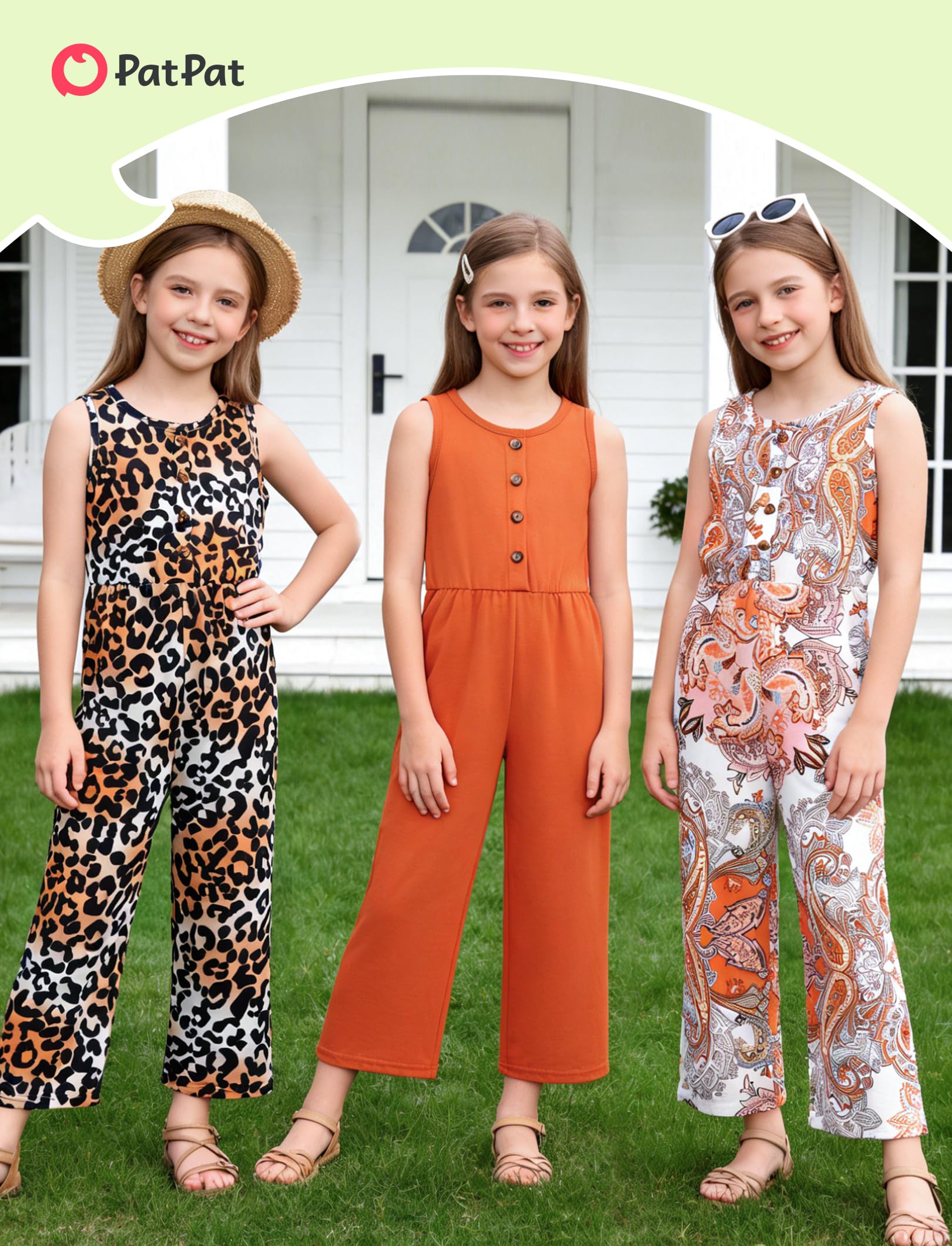 PATPAT Mädchen-Jumpsuits, einfarbig, Blumendruck, Knopfleiste, ärmellos, lange Strampler, Hose mit Taschen, 5–14 Jahre, 3 Stück