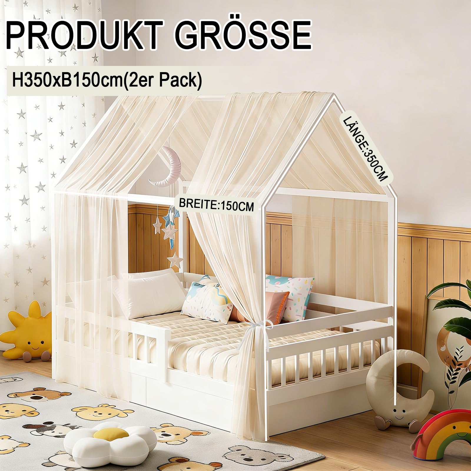 GFCC Hausbett Himmel Set, 2 Stück Betthimmel Hausbett aus Tüll für Hausbett Deko, Himmelbett Vorhänge für Mädchen Jungen Kinderbett Kinderzimmer Deko, 150 x 350 cm Beige