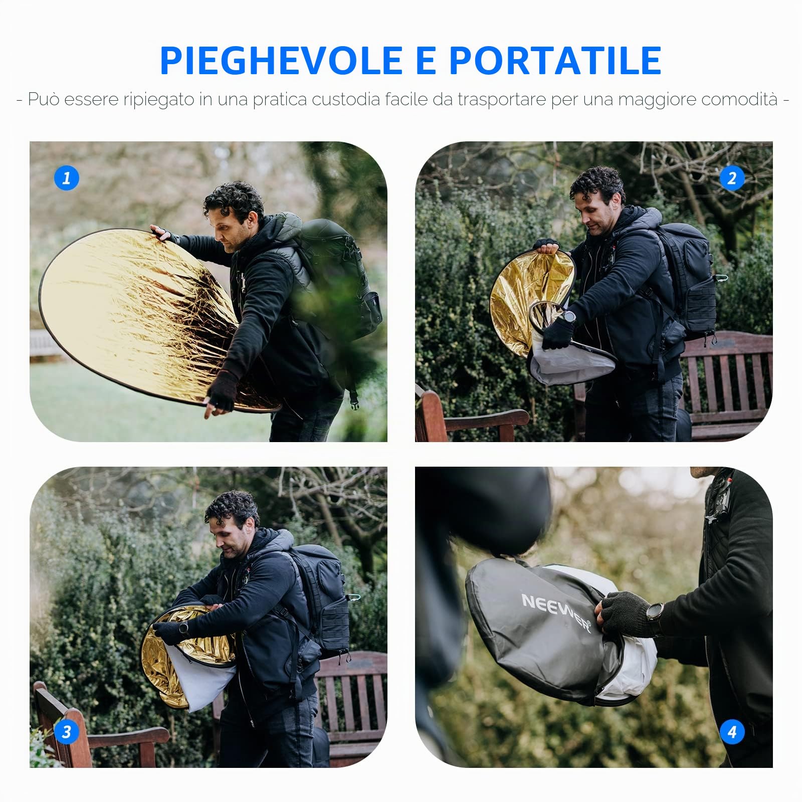NEEWER 110cm 5-in-1 Riflettore Rotondo Portatile Pieghevole (Trasclucido, Argento, Dorato, Bianco, Nero) per Studio Fotografico