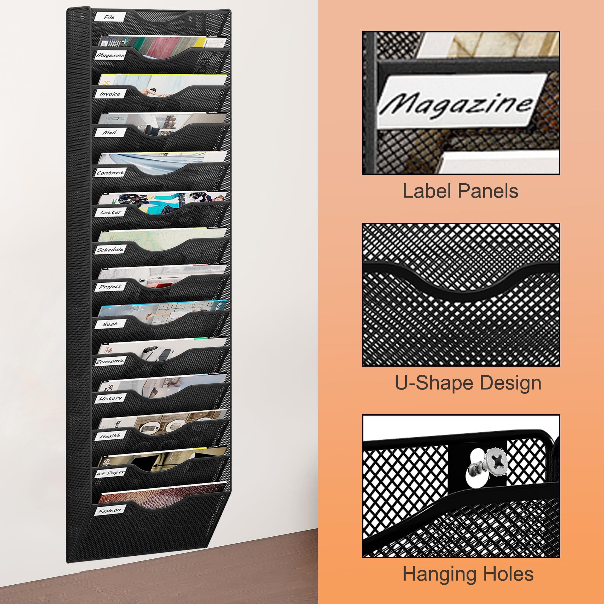 Senhoglb 14 vakken krantenhouder muur metaal A4 tijdschriftenhouder muur documentenhouder hangmap tijdschriftenhouder flyerhouder brochuredispenser zwart