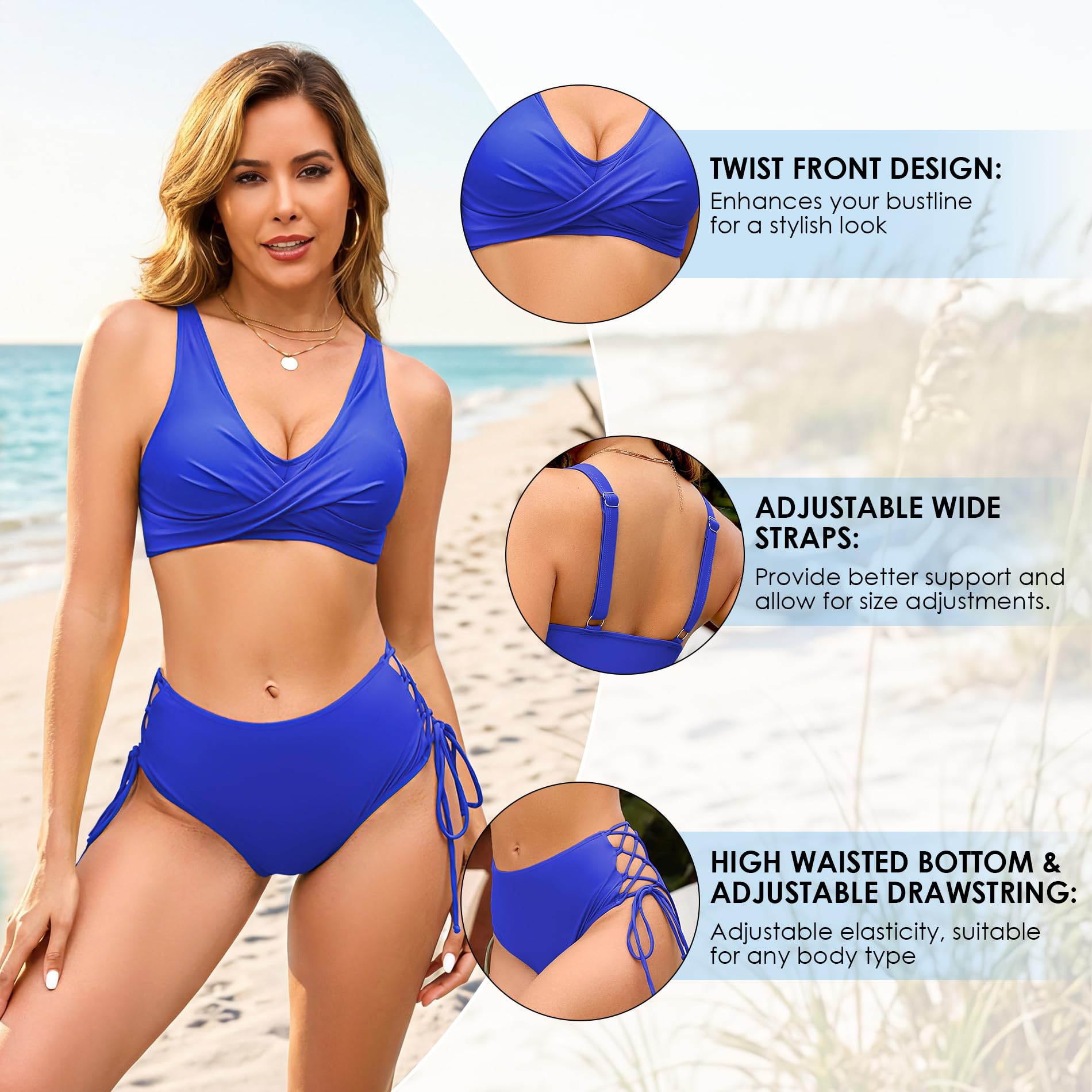 American Trends Costume da bagno da donna a vita alta, regolabile, imbottito, scollo a V, spalline larghe, set di due pezzi