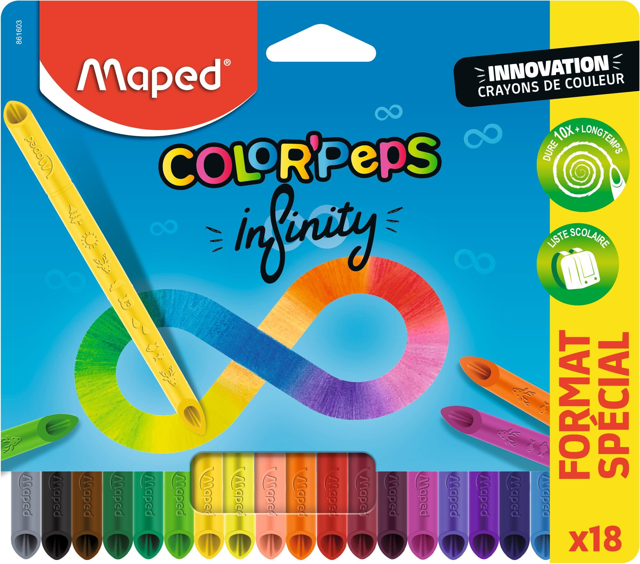 Maped - Color'Peps Infinity Coloured Pencils - 100% Lead, 100% Usable - Zero Waste - No Sharpening - Lasts for a Very Long Time - Ergonomic Triangular Shape - Pouch of 18 Pencils