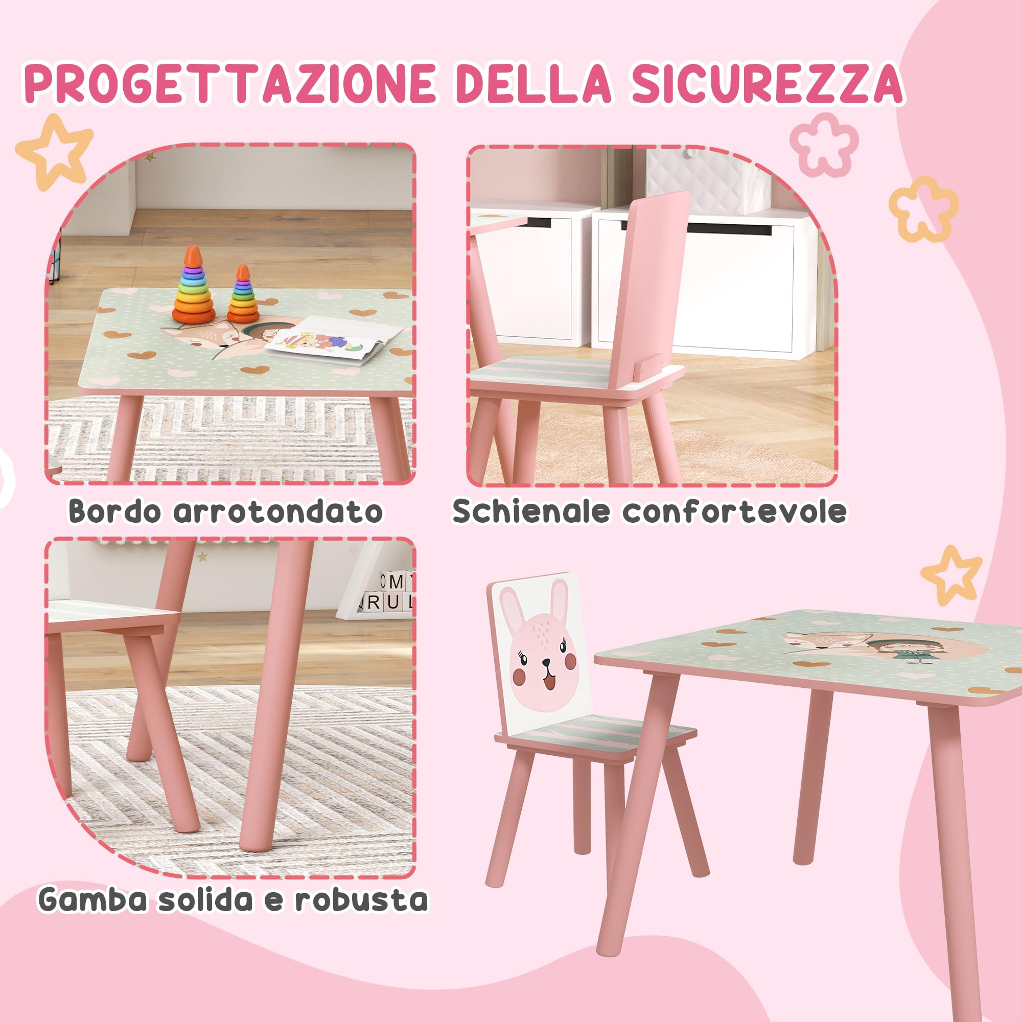 ZONEKIZ Set 3 Pezzi con Tavolo e 2 Sedie per Bambini da 3-8 Anni in MDF e Legno di Pino, Tavolino per Bambini e Seggiole con Disegni di Animali, Rosa