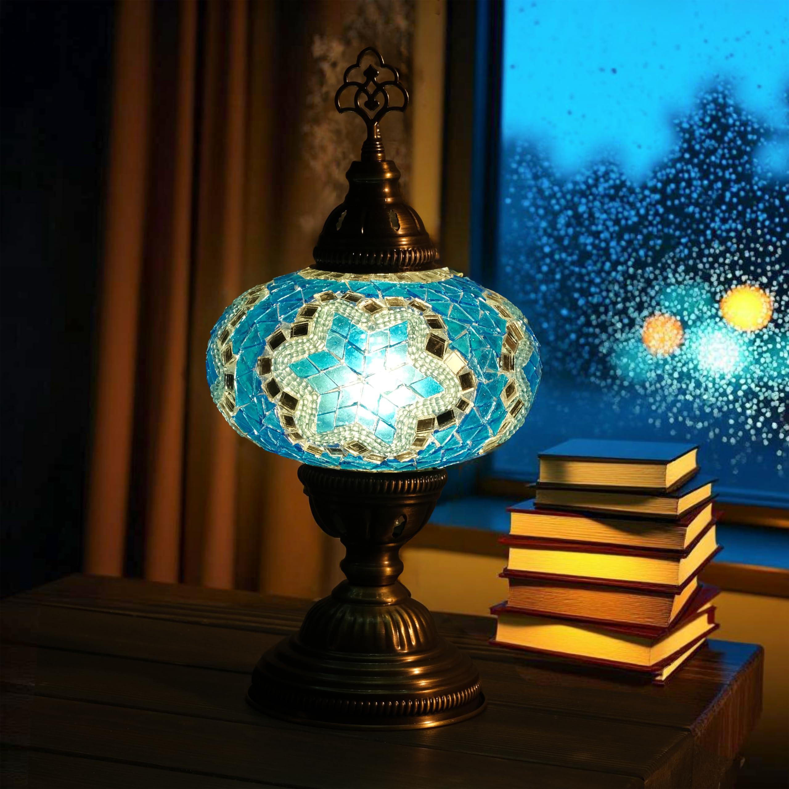 Mozaist Turkish Mosaic Table Lamp with Bulb – Handmade Turquoise Blue Stained Glass Bedside Light, Authentic Vintage Boho Decor with E12 Socket & US Plug