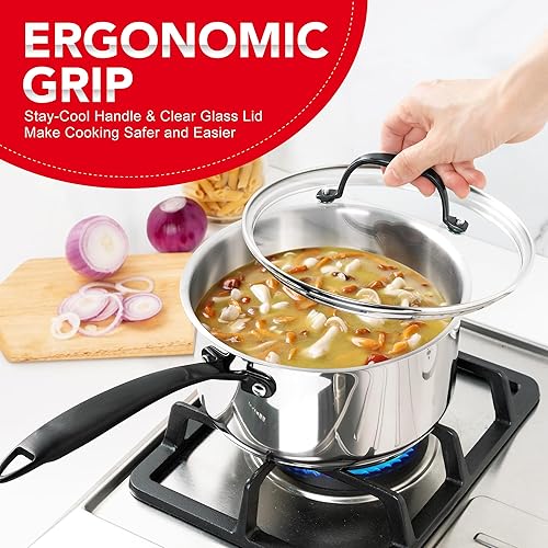 Miniatura 3 de MICHELANGELO Cacerola de acero inoxidable de tres capas con tapa, 6 unidades, sartenes de acero inoxidable con mango frío, juego de 6 ollas