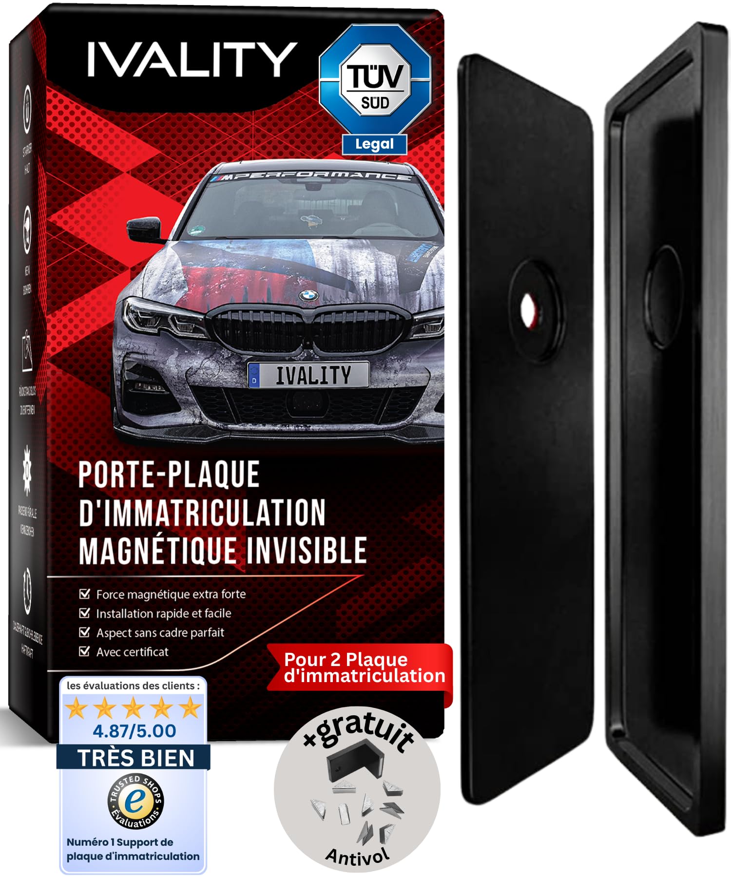 Ivality Support Plaque Immatriculation Magnétique pour 2 Plaque, Porte-Plaque Invisible sans Cadre pour Voitures, Porte-Plaque Amovible Autrichien, Homologué Route, Certifié TÜV Jusqu’à 350 km/h