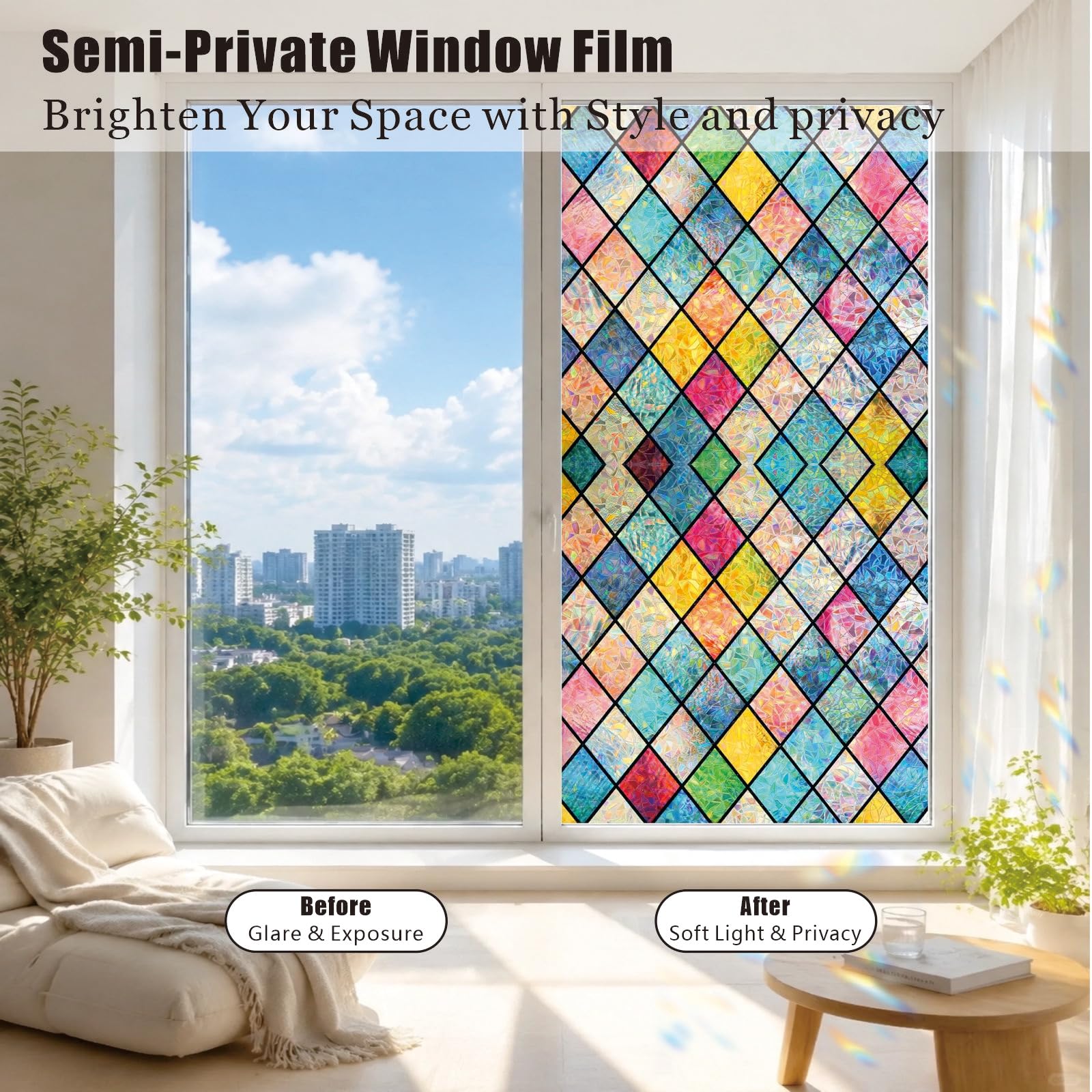 Ellicola Privacy Finestre 3D Arcobaleno 120 x 170 cm Senza Colla Static, Protezione Uv, Protezione Della Privacy, Finestre Decorativa Elettrostatica per Letto, griglia cristallo