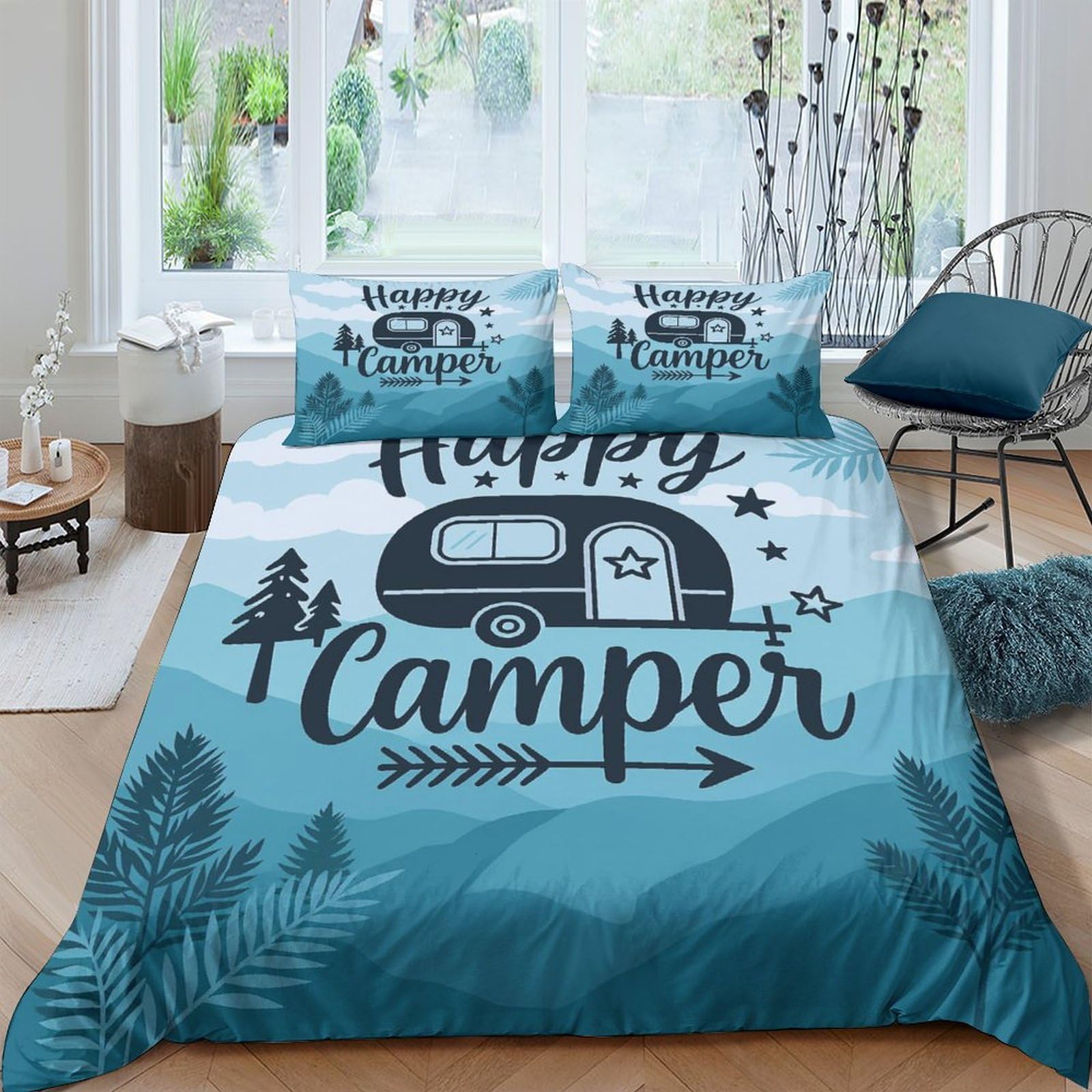 Ctjqhvkz Style-6 3D Printed Happy Camper Fitted Sheet Microfiber Blue Forest Bed Cover For Bedroom Guest Room Dorm Decor Easy Care Single（135X200cm）