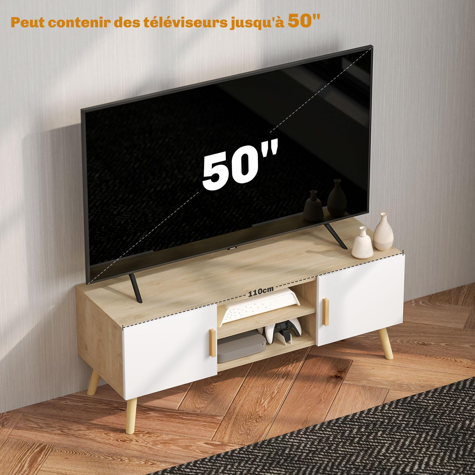 HOMCOM Mobile TV fino 50 pollici 2 armadi 110x36.2x42 cm Rovere bianco