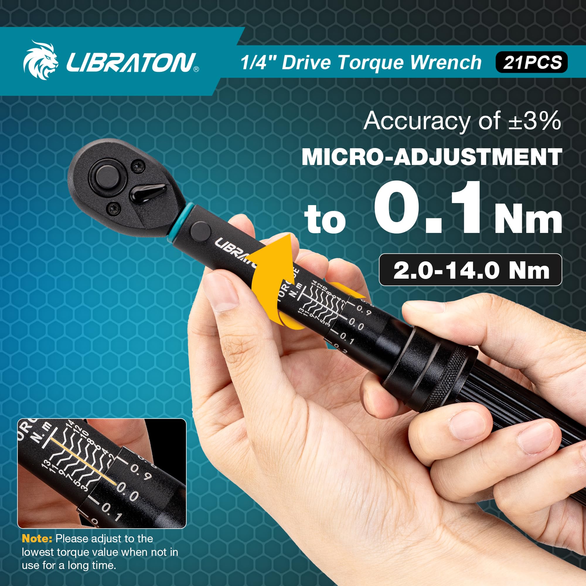 LIBRATON Clé Dynamométrique 1/4", 1-6 Nm, Clé Dynamométrique Pour Vélo Et Moto, Micro Réglage Sur 0,05, Précision D'erreur ±3% Avec Tige D'extension, Douilles Hexagonales Et Douilles Torx