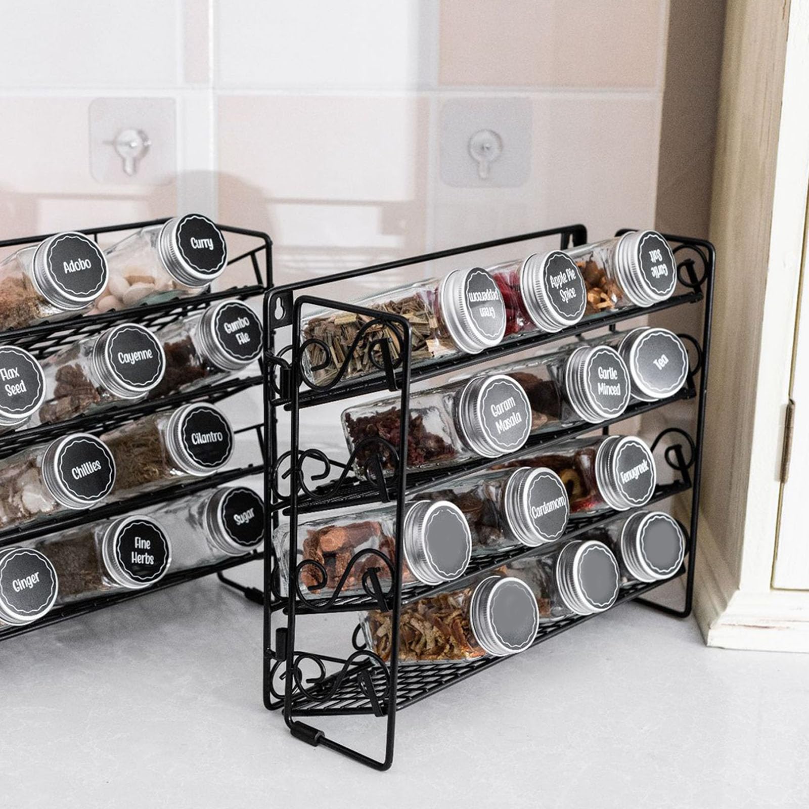 Especiero compacto y flexible de acero estructural con organización de múltiples niveles para cocinas pequeñas. No se necesitan herramientas. Planificador de botellas de especias flexible y