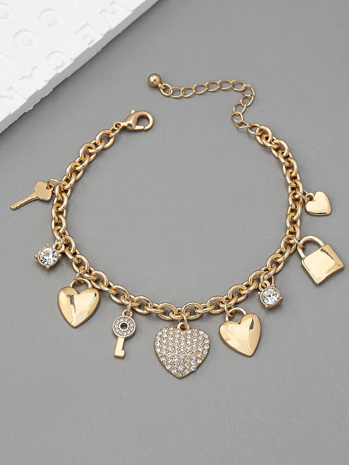 Gold Heart Charms Bracelet Dainty Gold Bracelet For Women Link Chain Bracelets With Heart key locks Love Bracelet Jewelry 14K Gold Plating Bracelet Gift - Image 6
