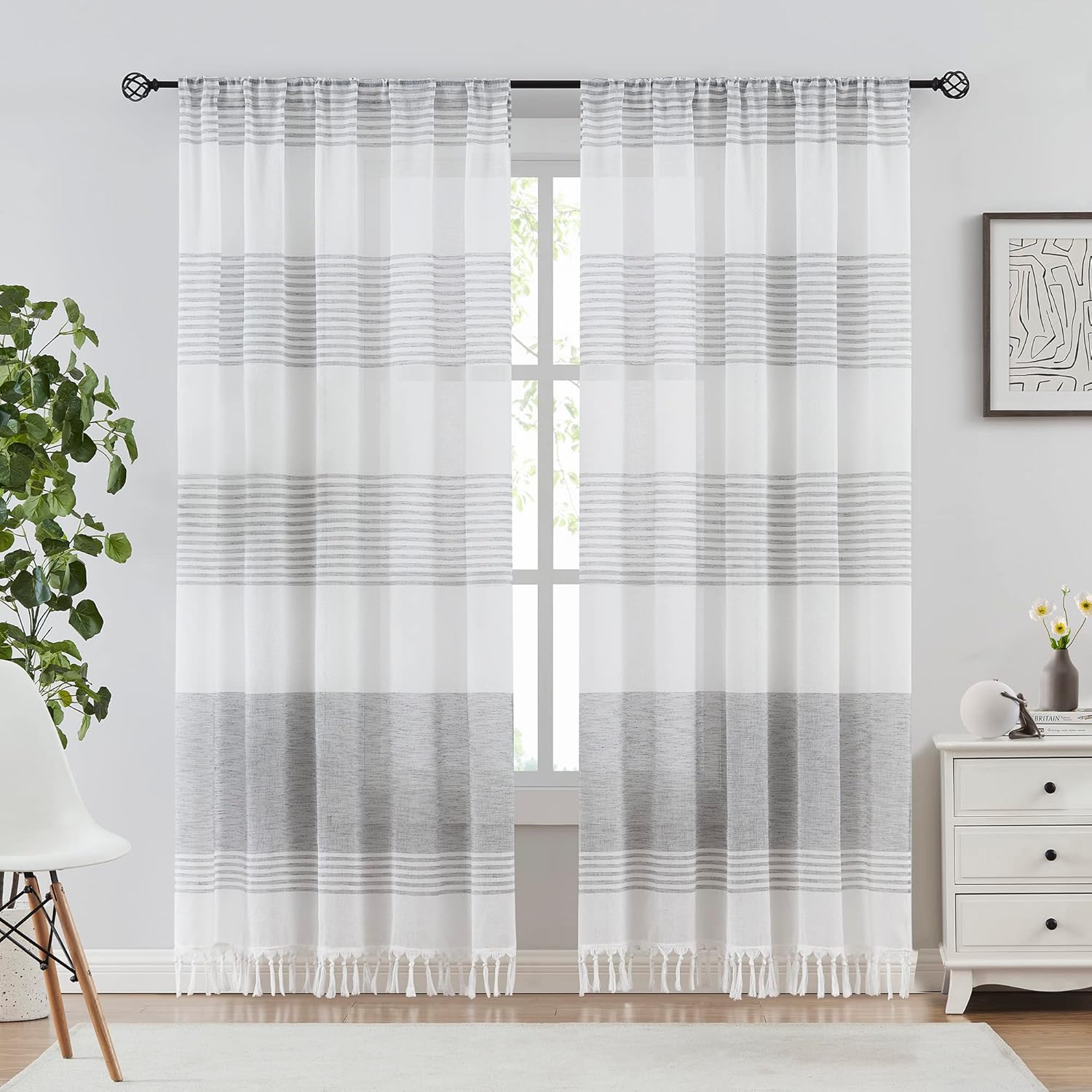 SXZJTEX Boho Curtains with Tassels Sheer Striped Curtains 63 Inches Long Farmhouse Grey and White Rod Pocket Linen Window Panel Drapes for Living Room Bedroom, W52 x L63, 2 Panels Set
