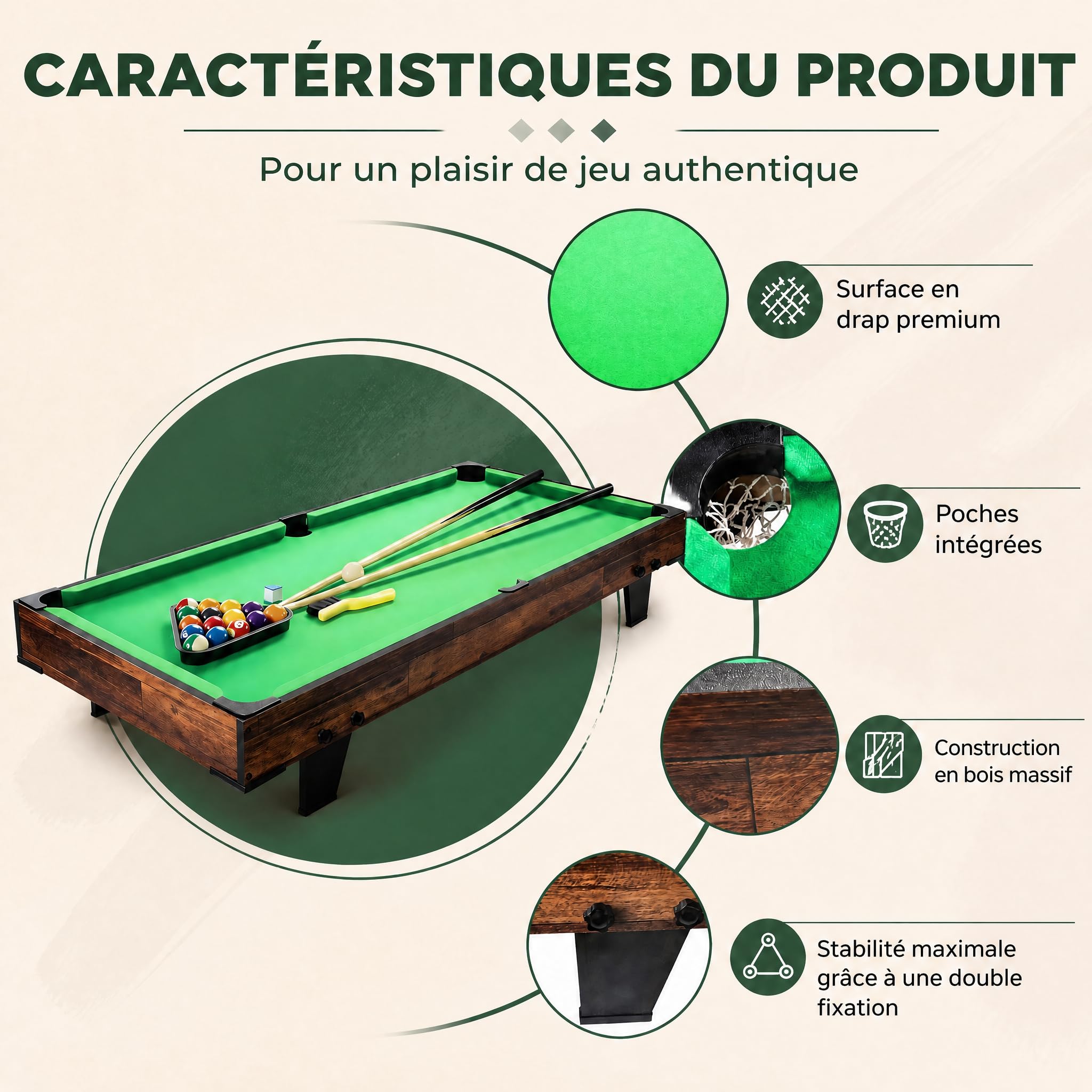Table de Billard 120cm, Mini Pool avec Accessoires, Snooker Intérieur | Bois de qualité, léger et mobile, design gain de place, montage facile, idéal pour adultes et familles.