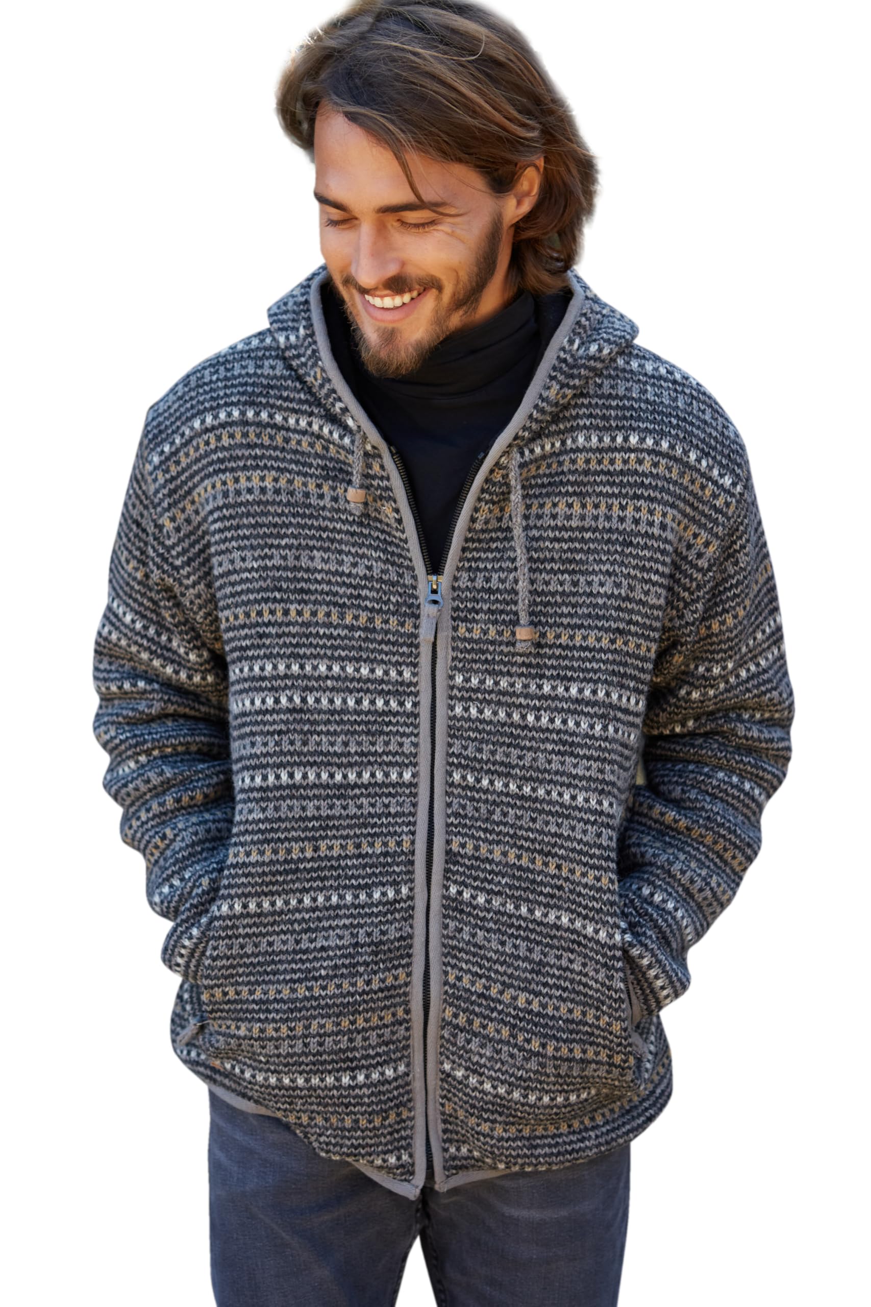 Pachamama Sudadera con capucha de lana con cremallera para hombre, forro polar, tejida a mano, rayas rugosas, color carbón, hecha a mano, gruesa, térmica, bolsillos extra cálidos, chaqueta con capucha