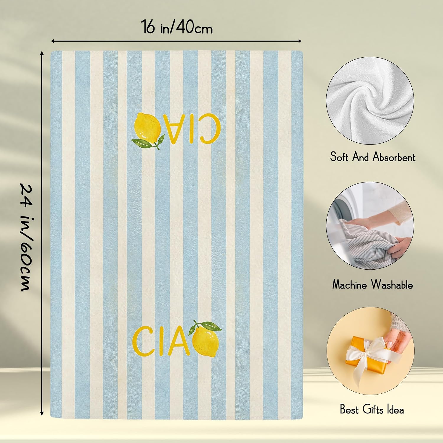 Italian Lemon Kitchen Towels - Lemon Gifts for Women, Summer Italian Gifts, Blue and White Striped Italians Ciao Hand Towels Dishcloth for Kitchen Bathroom Decorative, 16x24 Inch