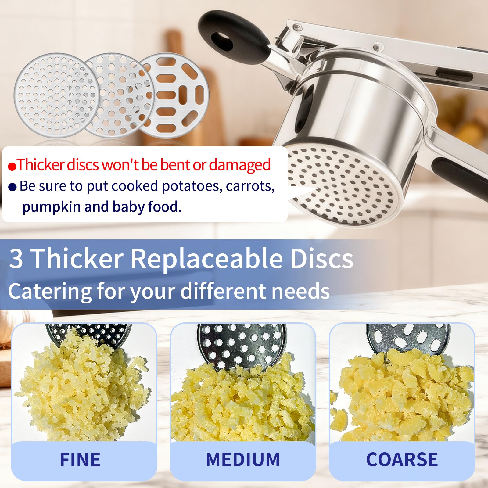 Schiacciapatate,Spremispaetzle,Schiacciapatate in Acciaio Inox,Pressa Per Spaghetti Per Gelato Con Manico Antiscivolo in Silicone,Insieme a 3 Setacci Spaetzle Intercambiabili