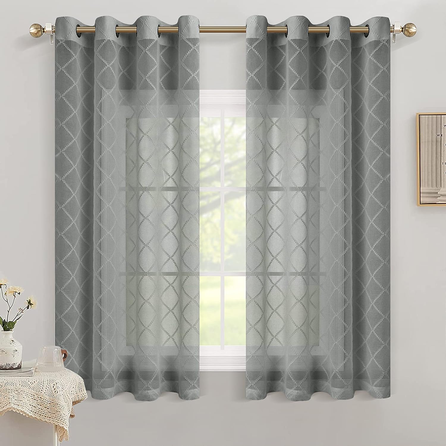 Grey Short Sheer Curtains 54 inch Length, Geometric