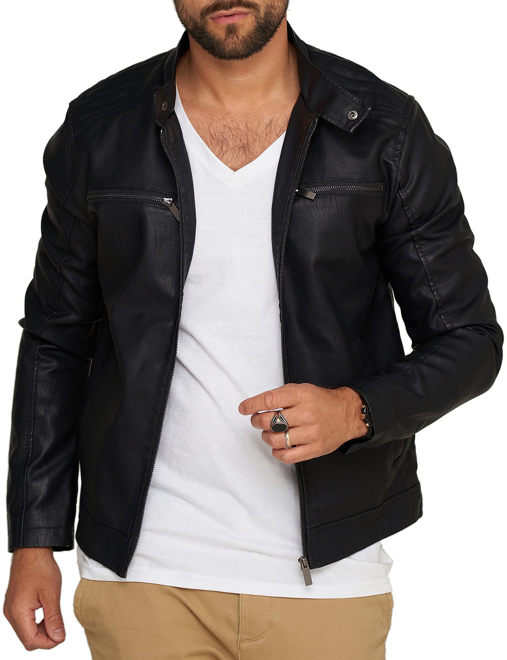 Soulstar Herren Kunstlederjacke Leichte Übergangsjacke Biker-Jacke Freizeitjacke Jacket Schwarz Black