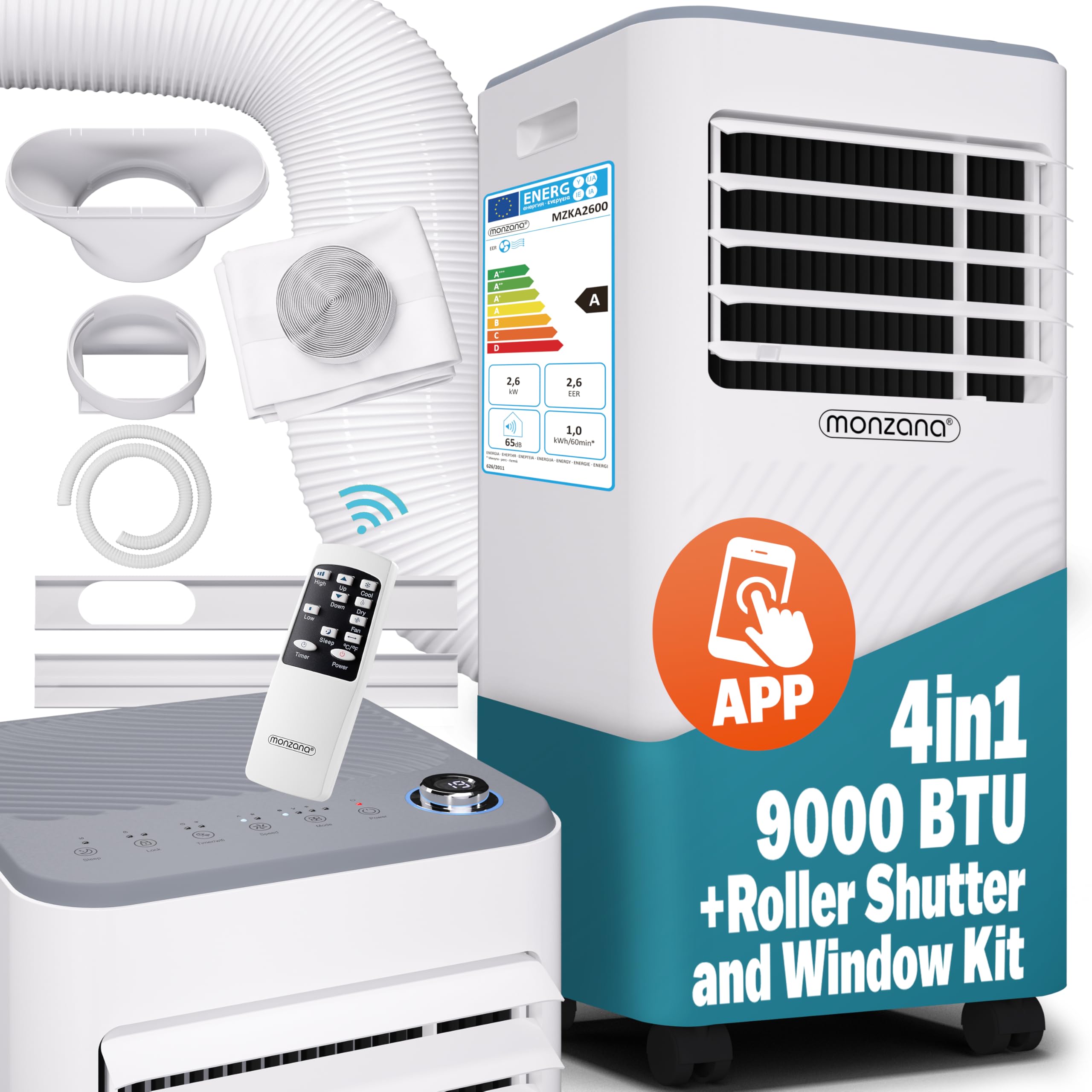 MONZANA® 4in1 Portable Air Conditioning Unit | 24h Timer | Sleep Mode | Alexa | Remote Control | Dehumidifier | Air Conditioner Cooler Fan with Exhaust Hose | 9000BTU | 1000W [Energy Class A]
