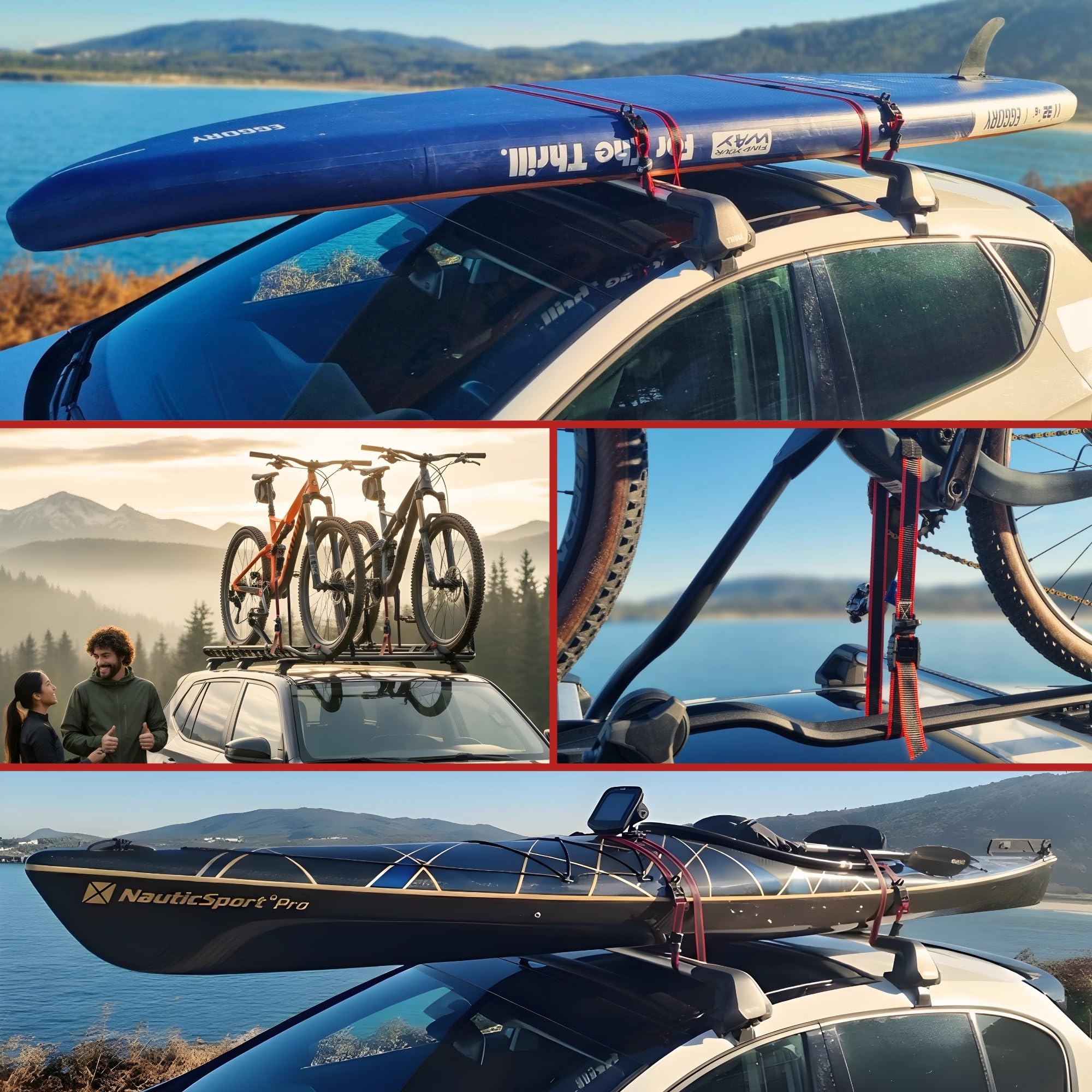 Cinchas de Amarre con Protección - Eslingas de Amarre para Baca, Surf, Kayak, Remolque Moto - Trinchas de Sujeción a Portabicicletas - Resistencia rotura 500 kgf por Cinta - 2 Correas 2,5m - 5