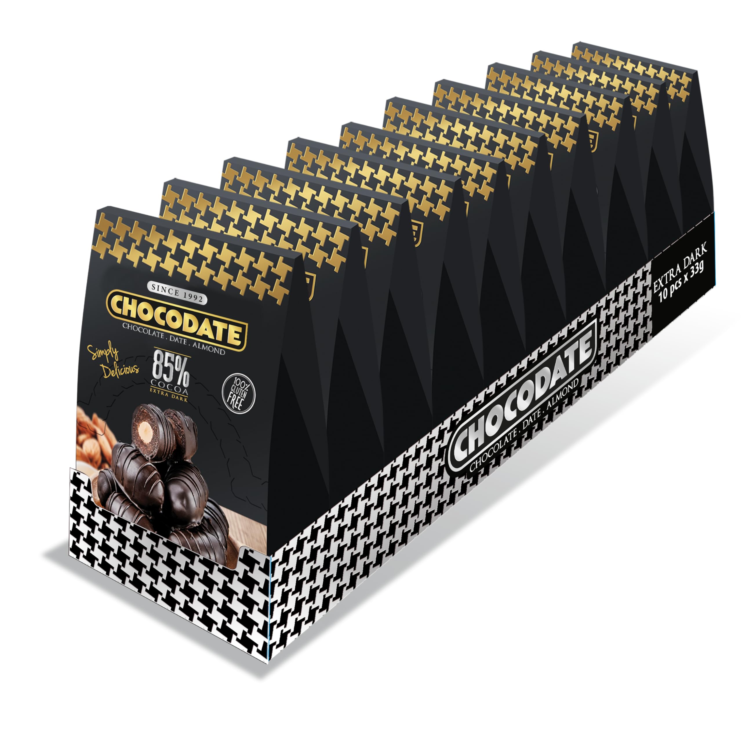 Extra Dark 85% Chocolate Coated Dates with Roasted Almonds, Bite Size Snack, Gluten-Free - 33g x 10