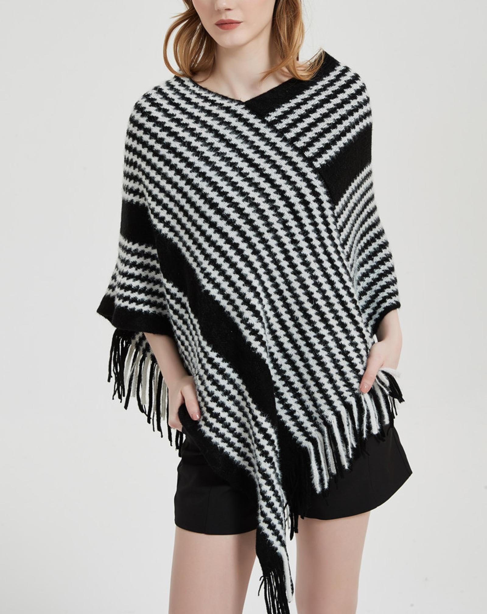 Sciarpa Donna Scialle Uomo Mantella Pullover Mantella Primavera Autunno Inverno Camicia Lavorata A Maglia Mantella Lavorata A Maglia A Righe Nere