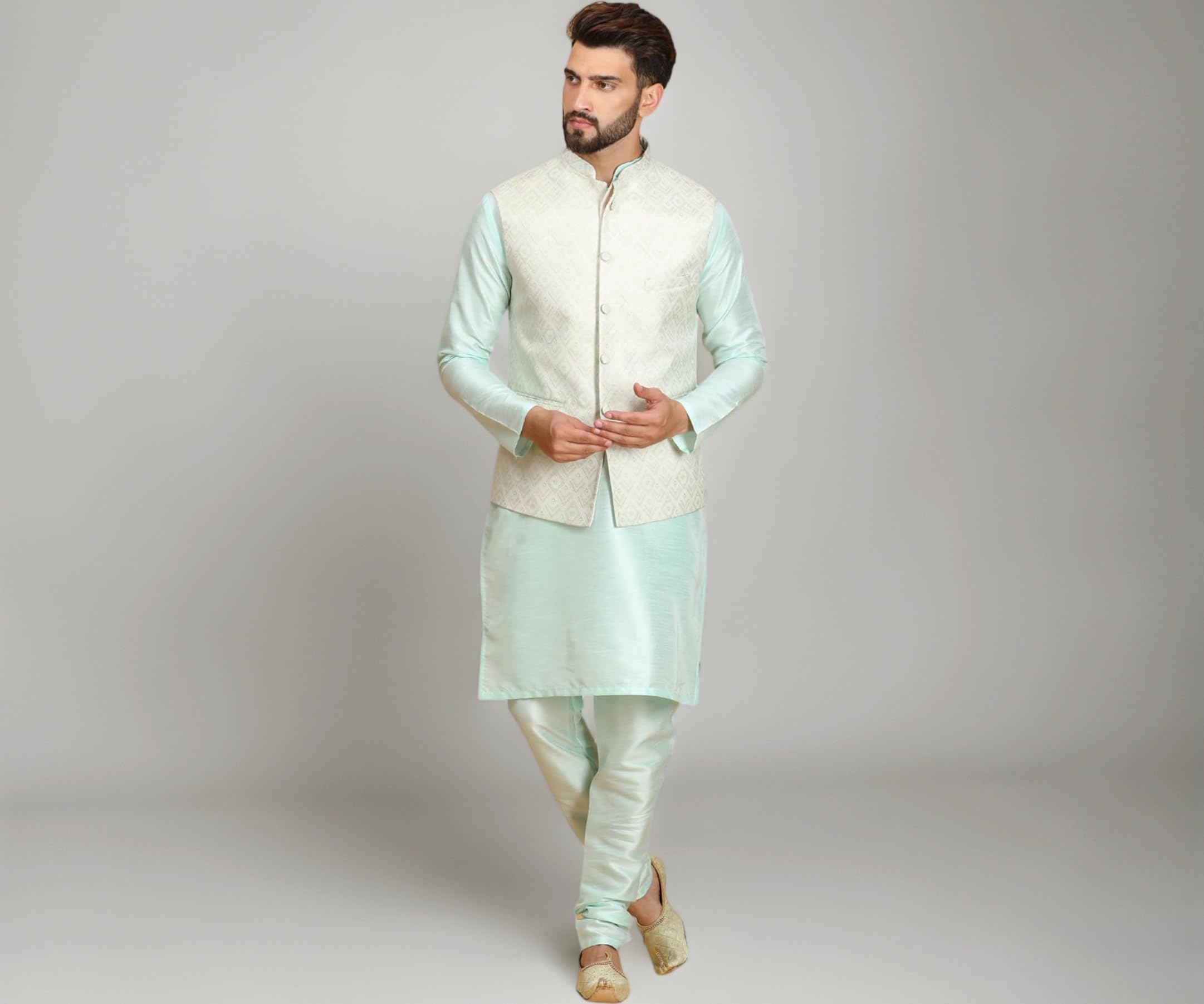 Ethluxis Men's Kurta Churidar Pyjama with Nehru Bandhgala Jacket