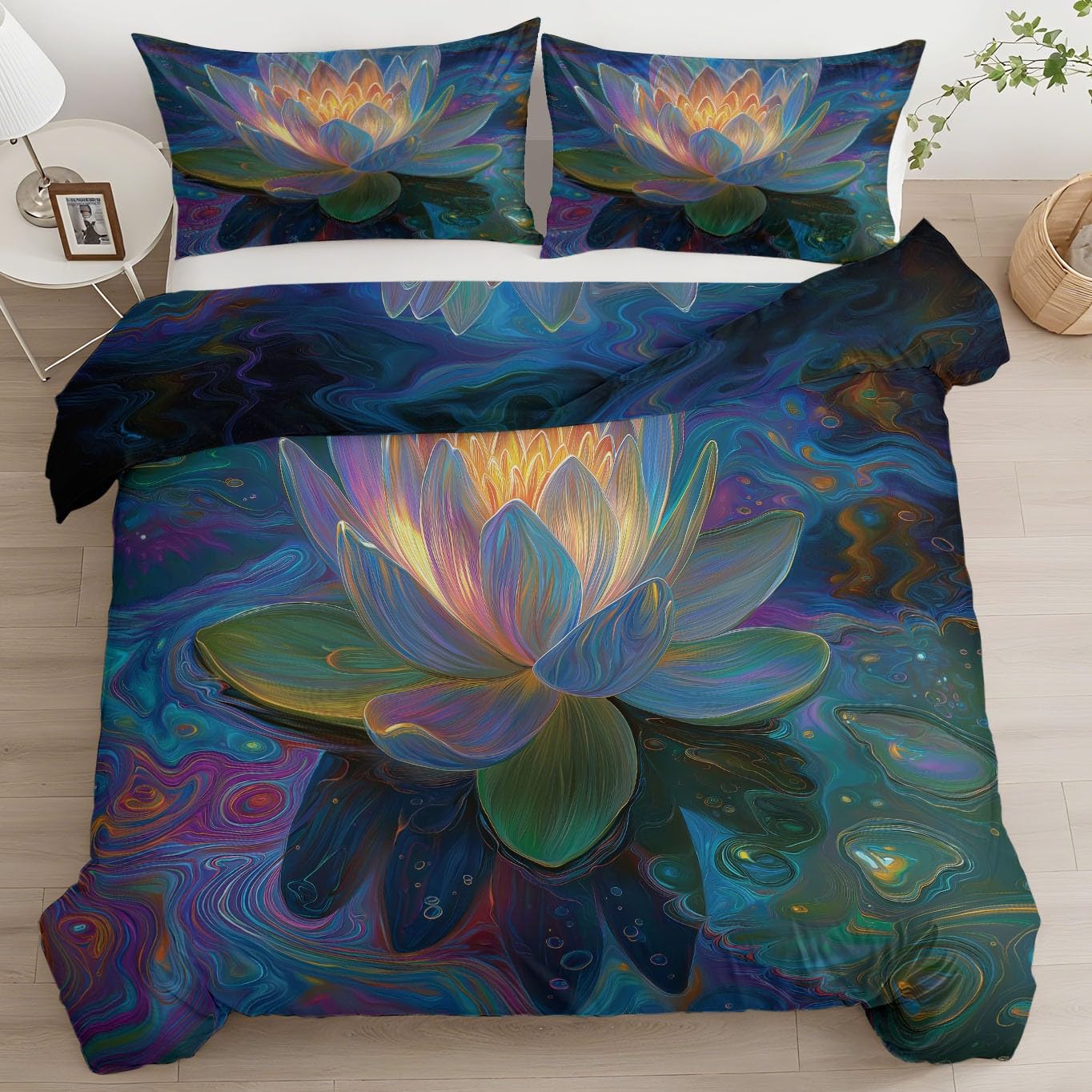 Zestaw pościeli w rozmiarze Super King Size 260 x 220 cm, 3-częściowy abstrakcyjny zestaw pościeli z lotosu, kwiatowy wzór, miękka, przytulna, szczotkowana mikrofibra, z 2 poszewkami na poduszkę