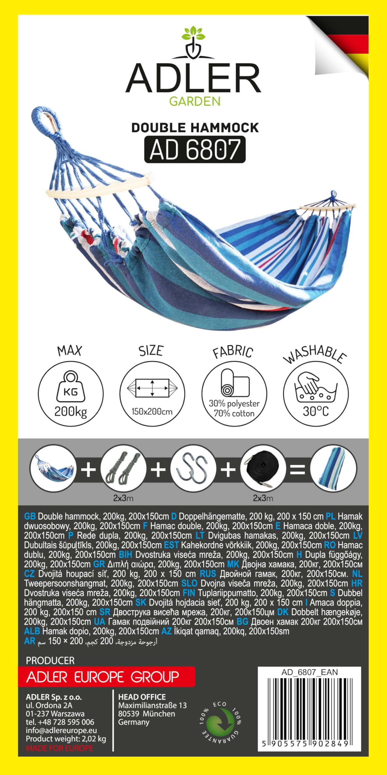 ADLER EUROPE Amaca 2 posti, amaca per esterni in cotone 200x150 cm, portata massima 200 kg, tessuto per amaca resistente e antiabrasione con una densità di 300 g/m², corde robuste.