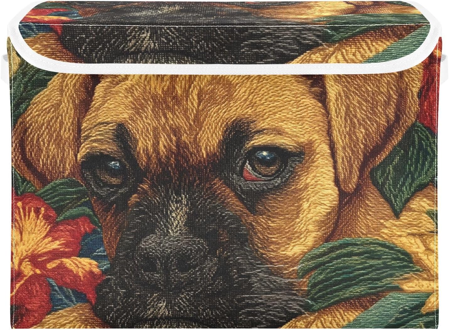 Boxer Dog Storage Basket Bins with Lid, Collapsible Flip-top with Handle for Home Office 16.5×12.6×11.8 in