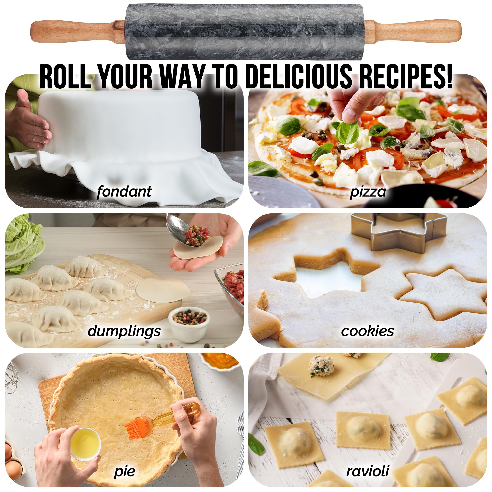Zulay Kitchen Rodillo de mármol de 17 pulgadas con soporte, rodillos de mármol pulido para hornear, rodillo largo con mango de madera de haya, rodillo antiadherente para hornear pasteles, pan y pizza