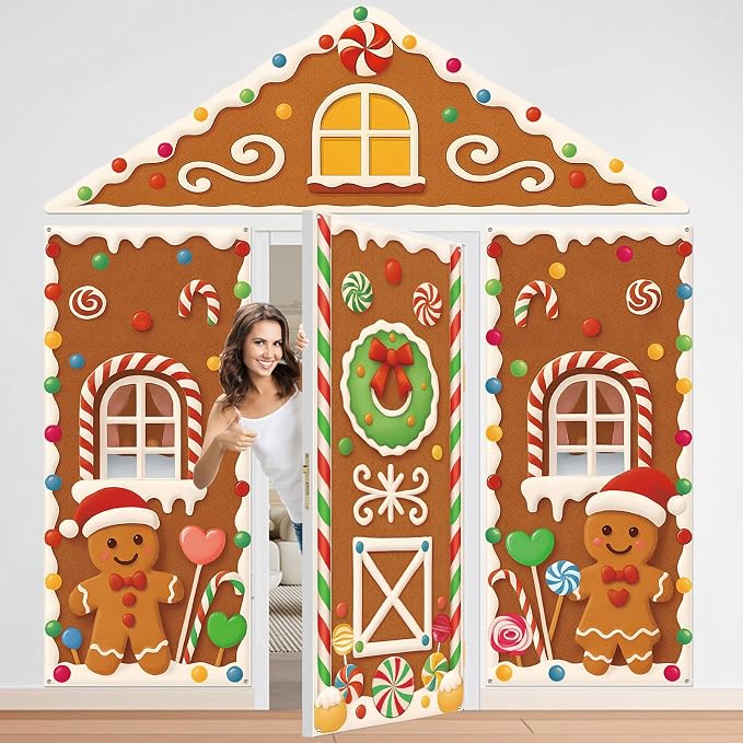 Amazon.com: 4Pcs Christmas Gingerbread House Door Cover Decorations ...