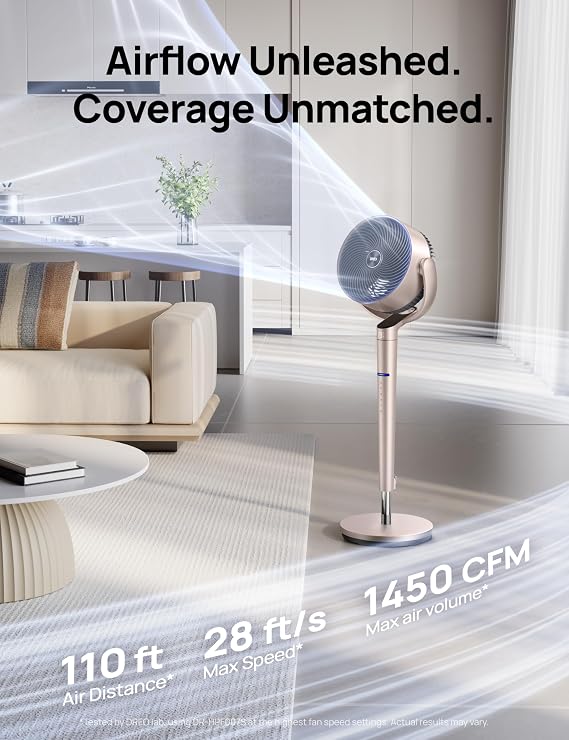 DREO Smart Fan for Bedroom, Position-based Oscillation, 150+120 3D Oscillating Fan, 110ft Pedestal Fans with Wi-Fi/Voice/Remote, Standing Fans Work with Alexa/Google, 9 Speeds, 6 Modes, Starlight