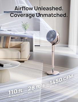 DREO Smart Fan for Bedroom, Position-based Oscillation, 150+120 3D Oscillating Fan, 110ft Pedestal Fans with Wi-Fi/Voice/Remote, Standing Fans Work with Alexa/Google, 9 Speeds, 6 Modes, Starlight