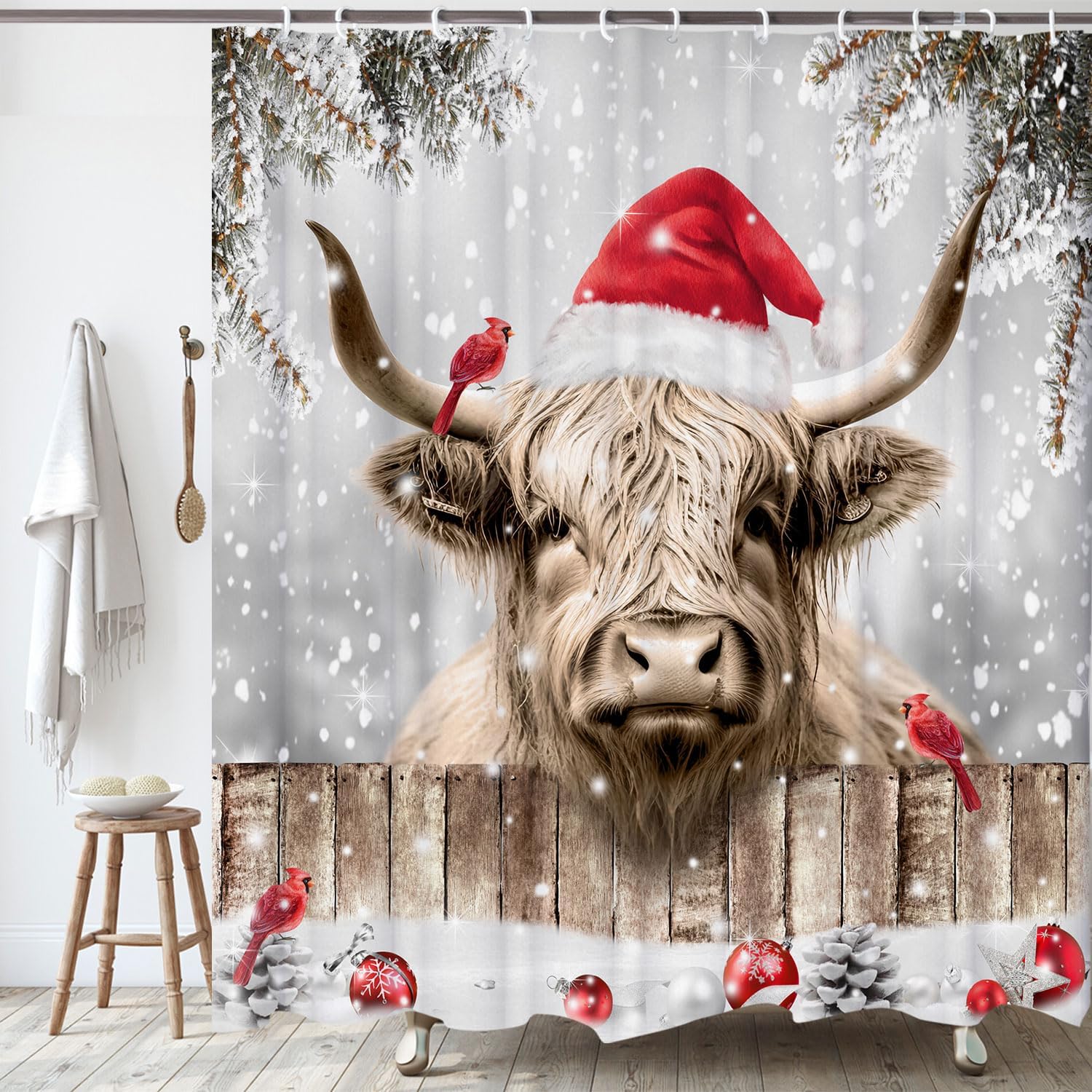 Christmas Highland Cattle Cow Bull With Birds Farmhouse Shower Curtain Set, Snowy Xmas Ball Bathroom Curtain With Hooks, 72x84 Inches